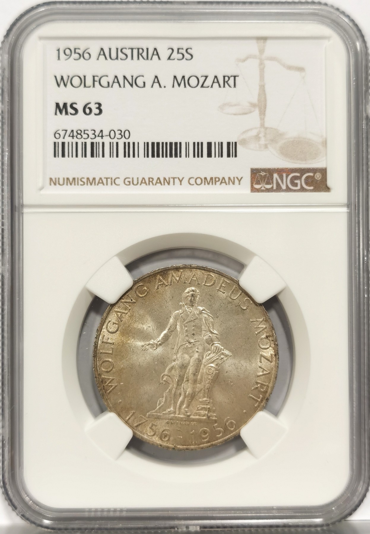 博洋堂世界钱币拍卖第056期（全场包邮） NGC MS63 奥地利1956年莫扎特诞辰200周年25先令银币