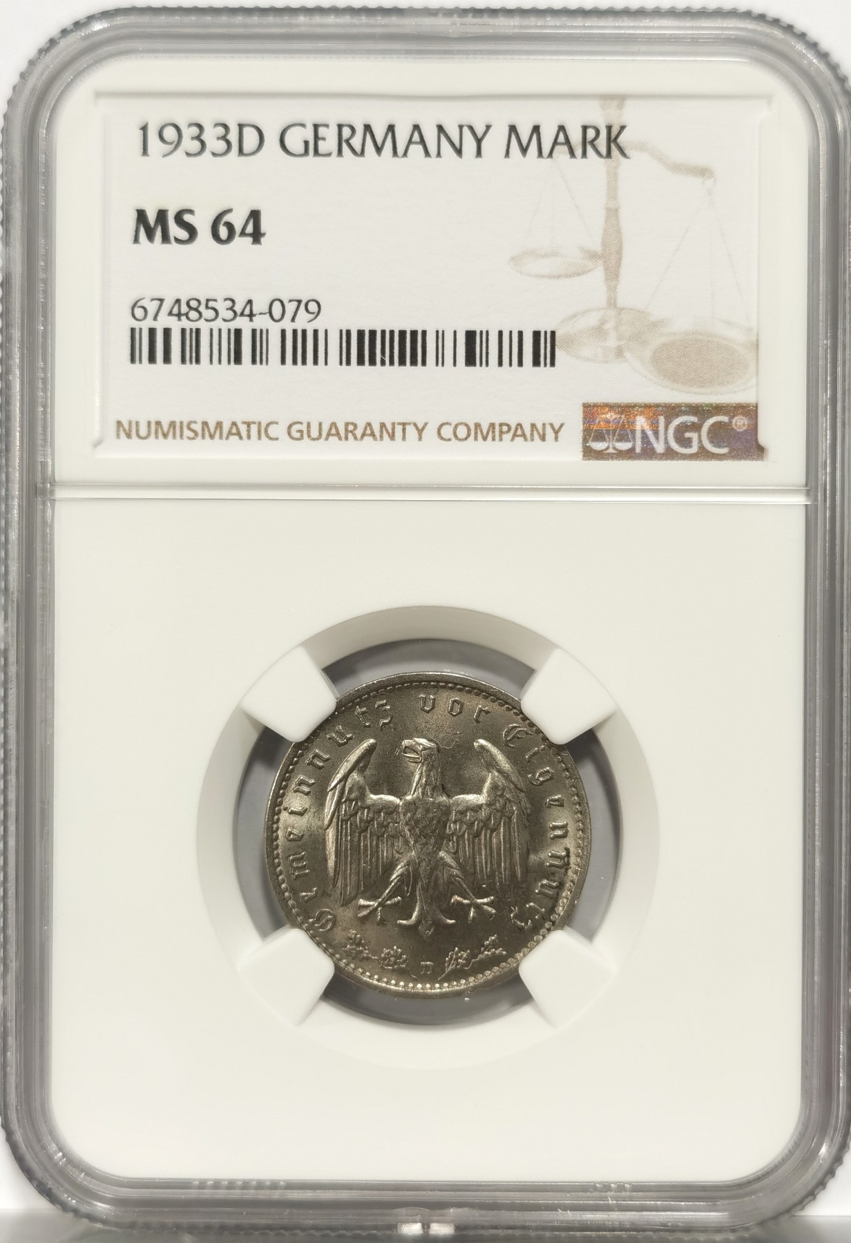 博洋堂世界钱币拍卖第056期（全场包邮） NGC MS64 德国第三帝国1933年D版1马克镍币
