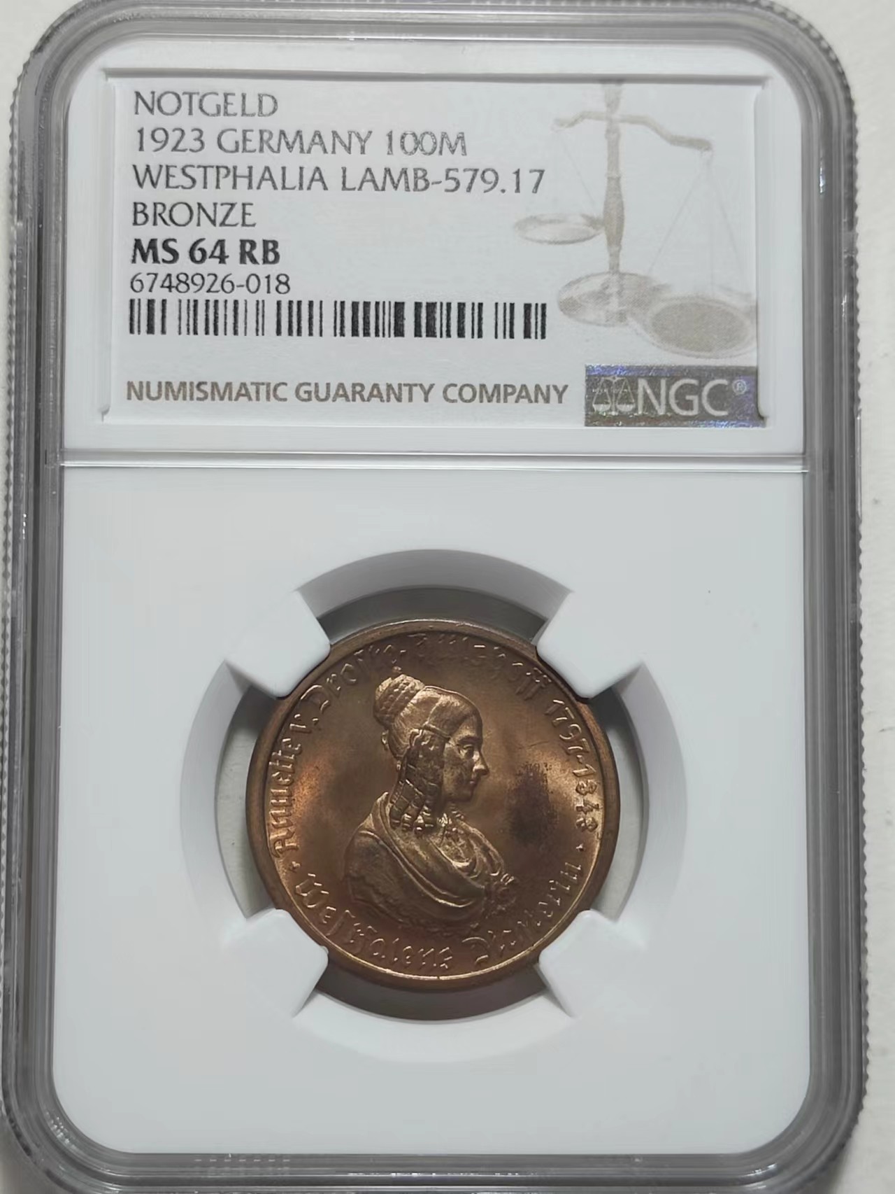 🎡物与斋第2场-德紧及欧洲回流钱币（0元起自动拍） NGC MS64RB 德国紧急状态硬币：威斯特法伦1923年100马克马币，底板镜面感强，背面少见酒红色包浆，足够自藏