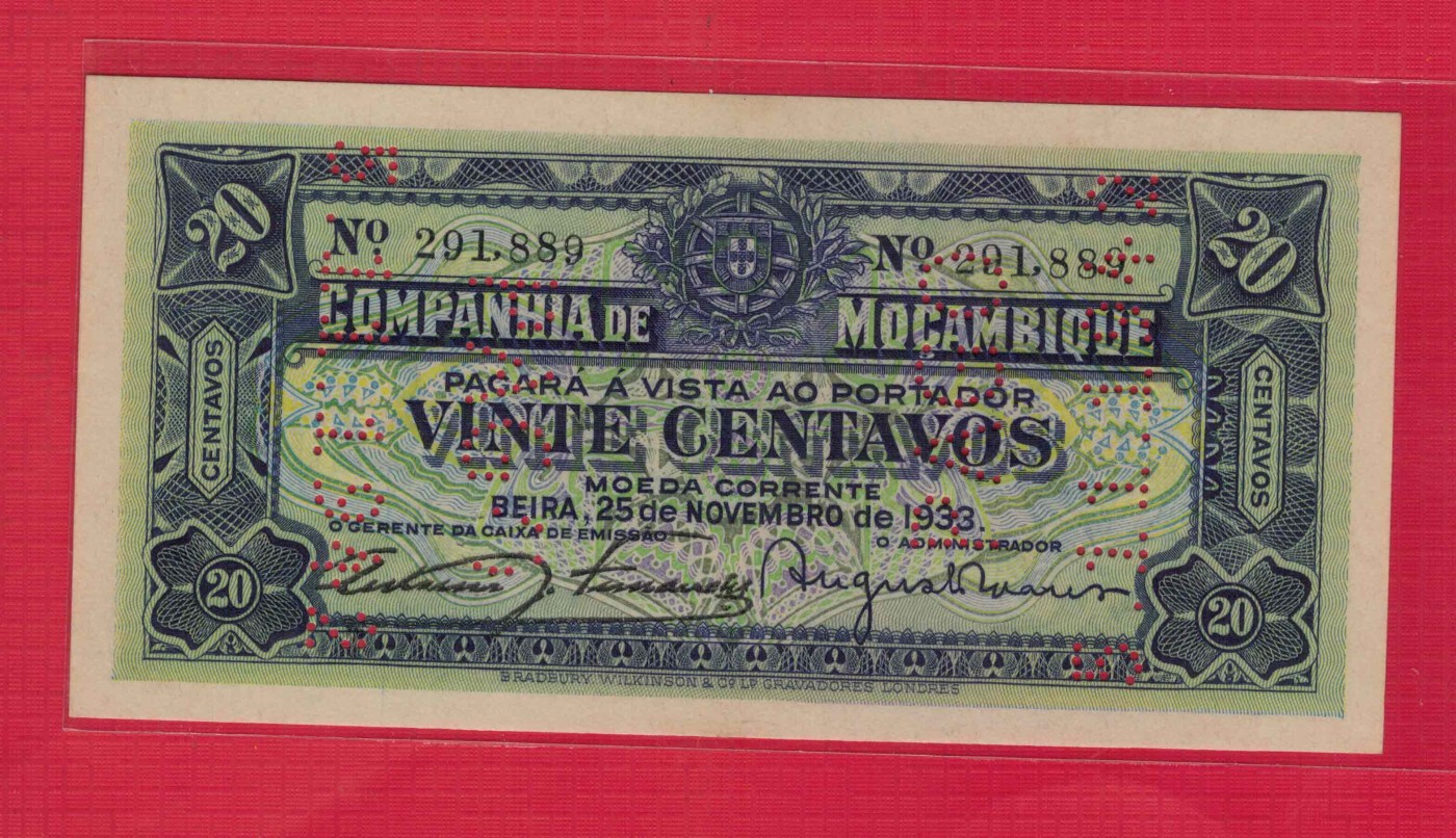 葡属莫桑比克1933年20分(20生丁) 票样 样钞 样票 无47 非洲纸币 实物图 UNC