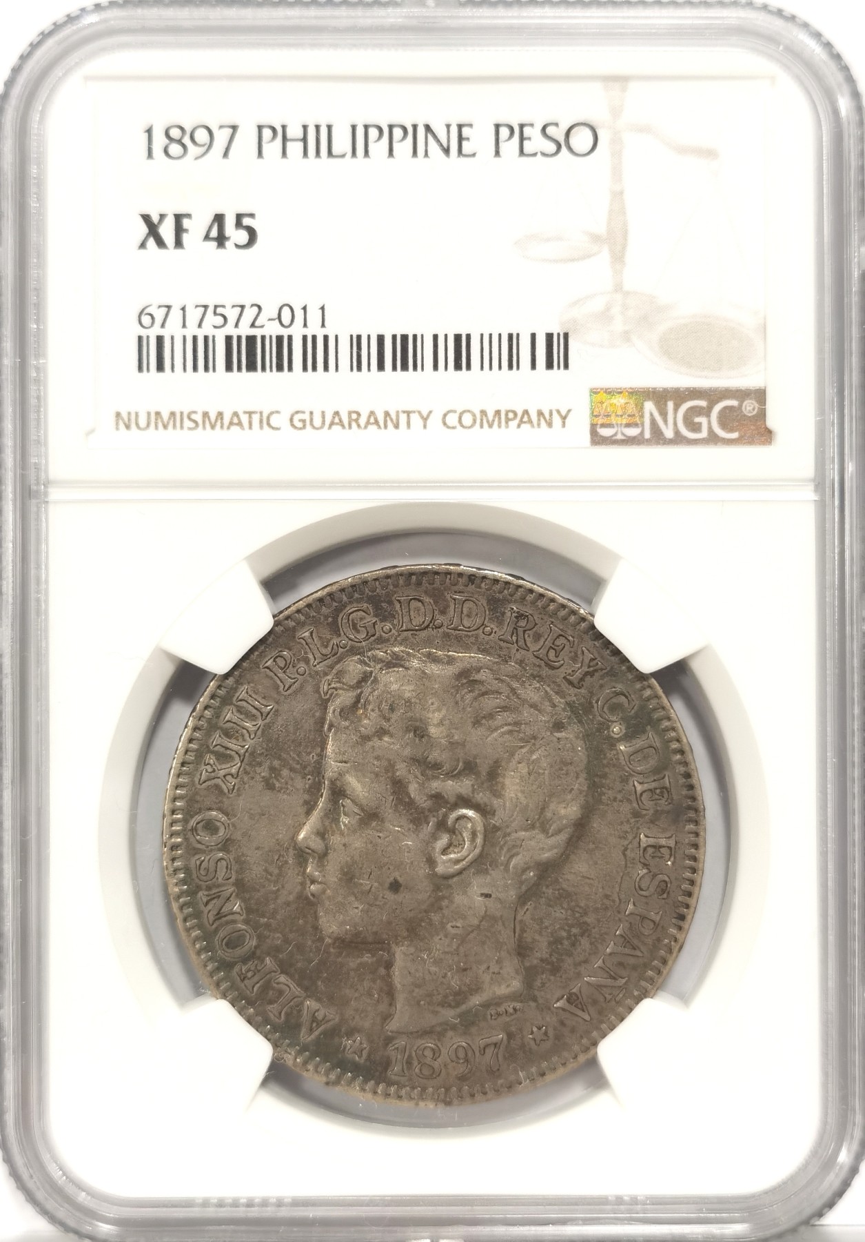博洋堂世界钱币拍卖第056期（全场包邮） NGC XF45 1897年西属菲律宾1比索银币 西属菲律宾唯一的大银，仅发行一年，深灰色包浆，光下五彩