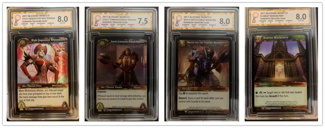 暴雪魔兽世界WOWTCG卡牌 套卡出美版绝版闪卡血色修道院：场地卡血色修道院，血色十字军的高级审判官圣光女祭司莎莉·怀特迈恩，猩红指挥官雷诺莫格莱尼，血色修道院之战