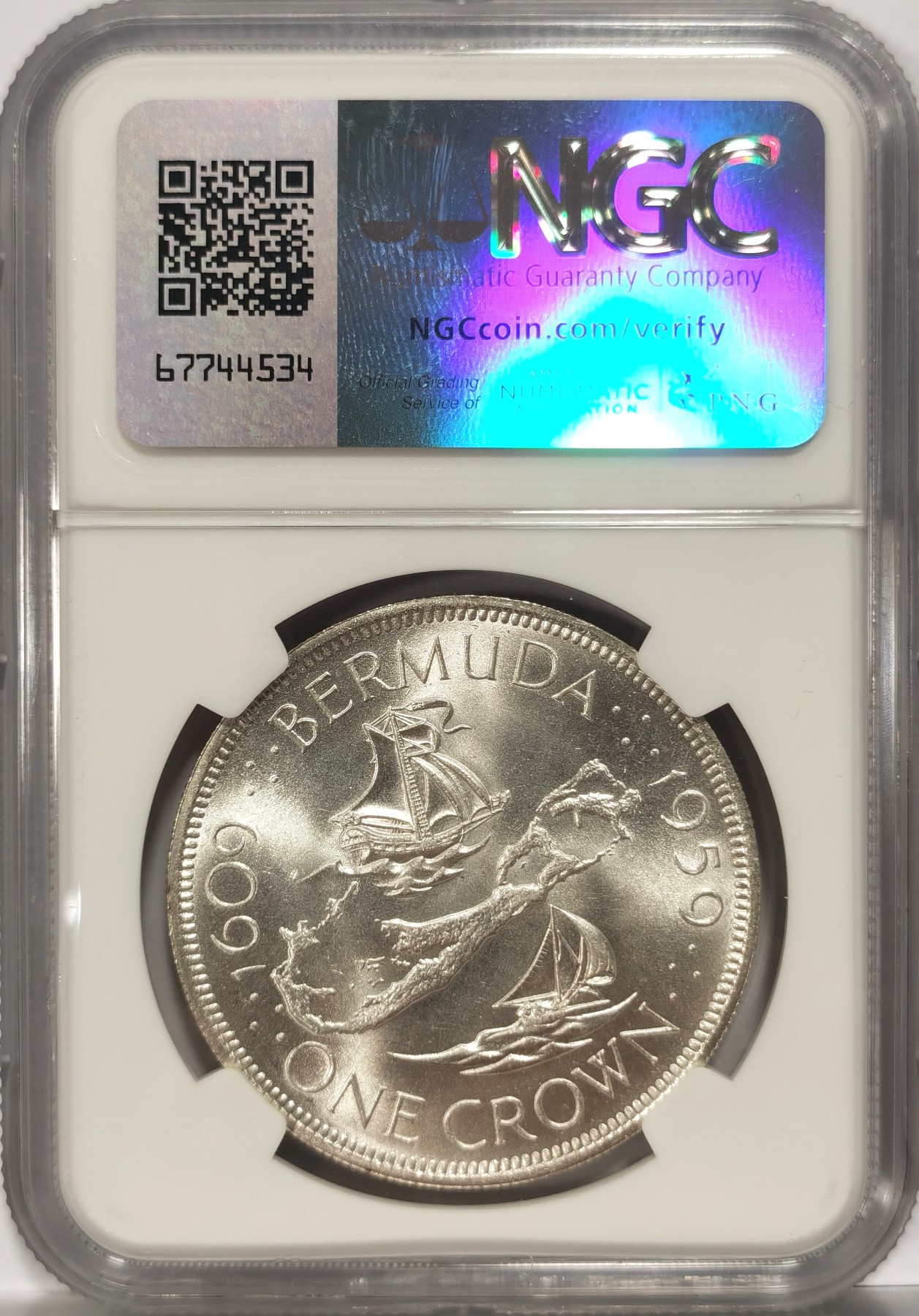 博洋堂世界钱币拍卖第056期（全场包邮） NGC MS66 英属百慕大1959年伊丽莎白二世1克朗银币，殖民地发现350周年纪念，收藏级分数