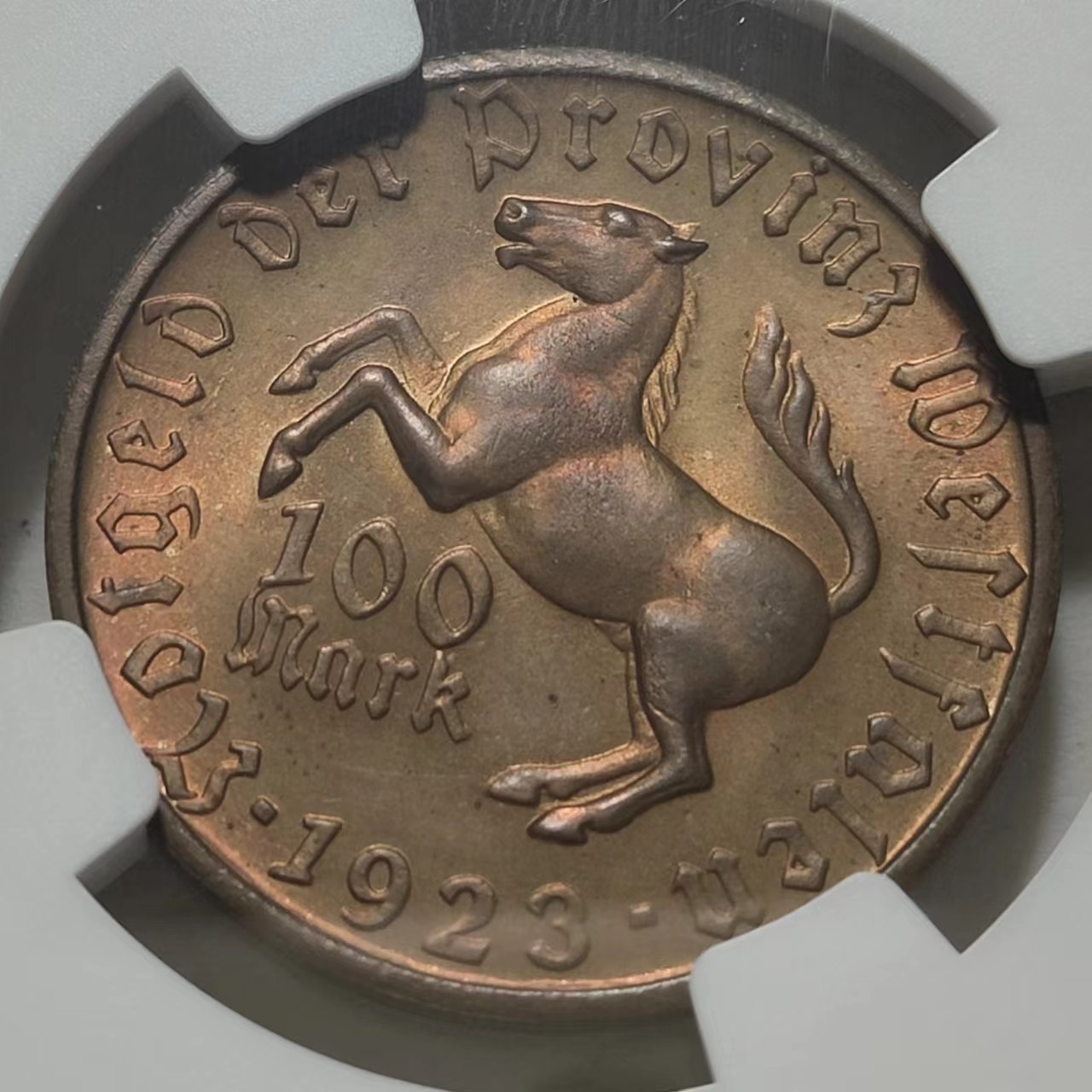 🎡物与斋第2场-德紧及欧洲回流钱币（0元起自动拍） NGC MS64RB 德国紧急状态硬币：威斯特法伦1923年100马克马币，底板镜面感强，背面少见酒红色包浆，足够自藏
