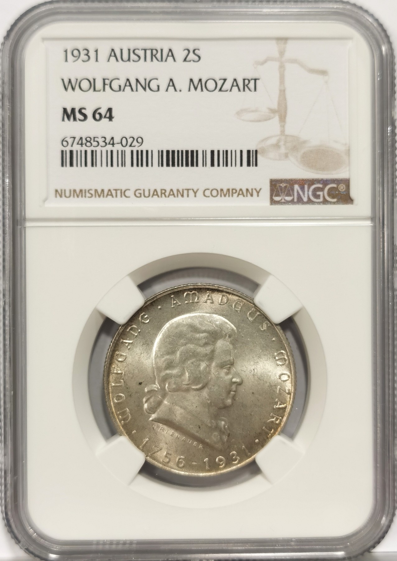博洋堂世界钱币拍卖第056期（全场包邮） NGC MS64 奥地利1931年莫扎特2先令纪念银币