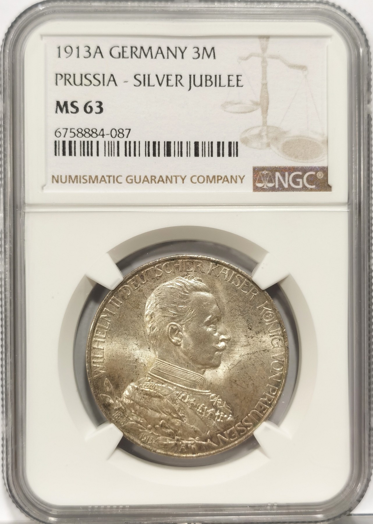 博洋堂世界钱币拍卖第056期（全场包邮） NGC MS63 德国普鲁士1913年A威廉二世戎装3马克银币