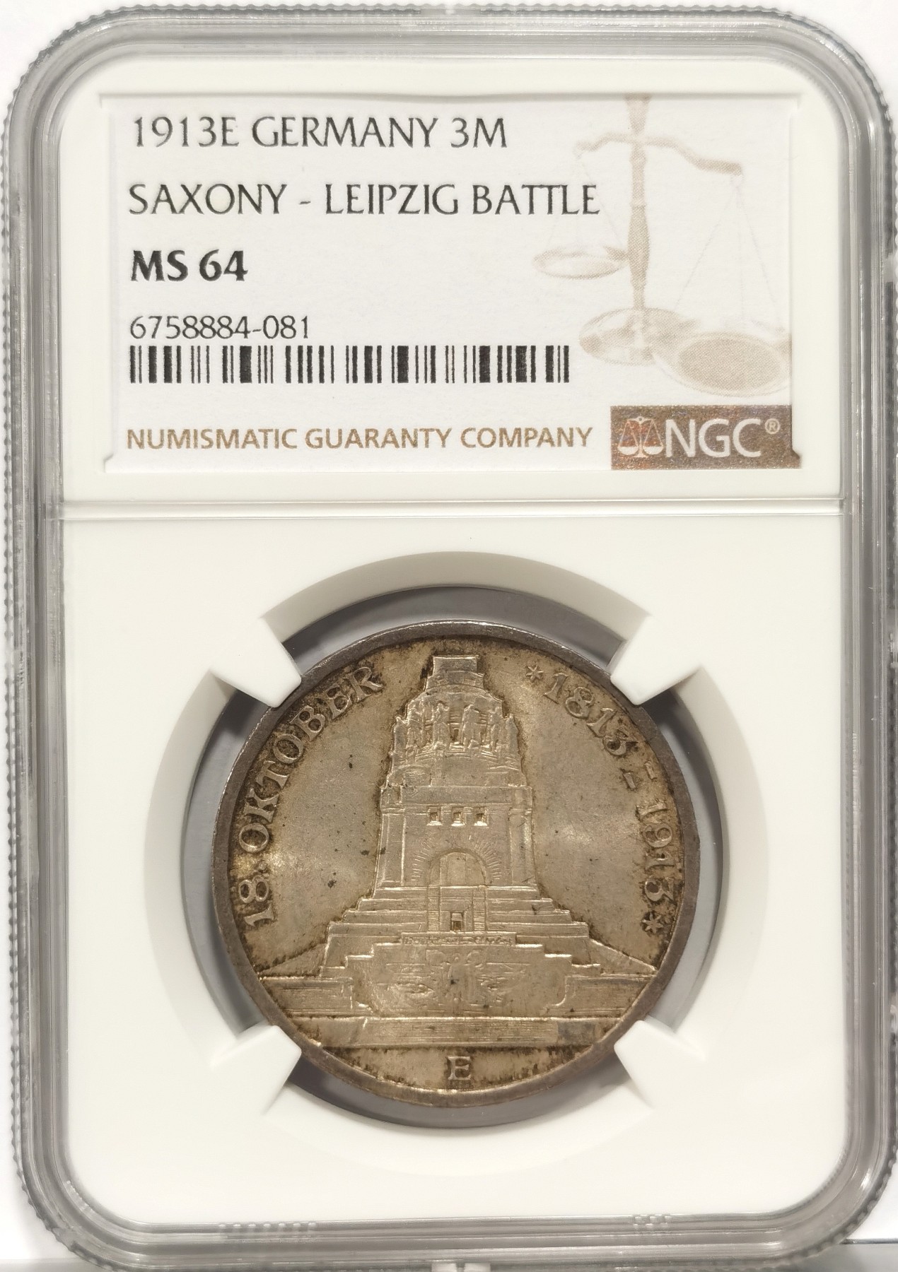 博洋堂世界钱币拍卖第056期（全场包邮） NGC MS64 德国萨克森1913年莱比锡建功碑3马克纪念银币