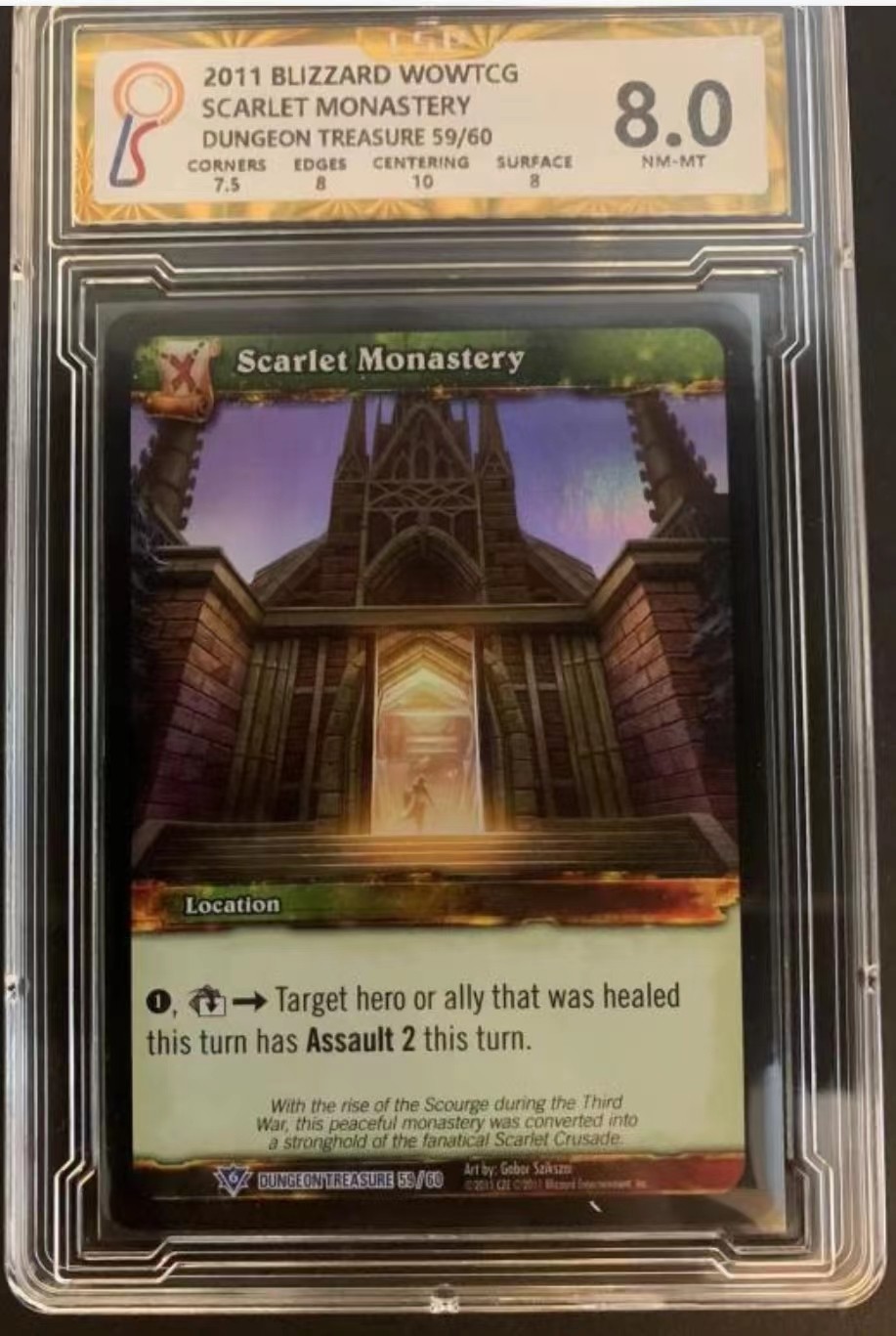 暴雪魔兽世界WOWTCG卡牌 套卡出美版绝版闪卡血色修道院：场地卡血色修道院，血色十字军的高级审判官圣光女祭司莎莉·怀特迈恩，猩红指挥官雷诺莫格莱尼，血色修道院之战
