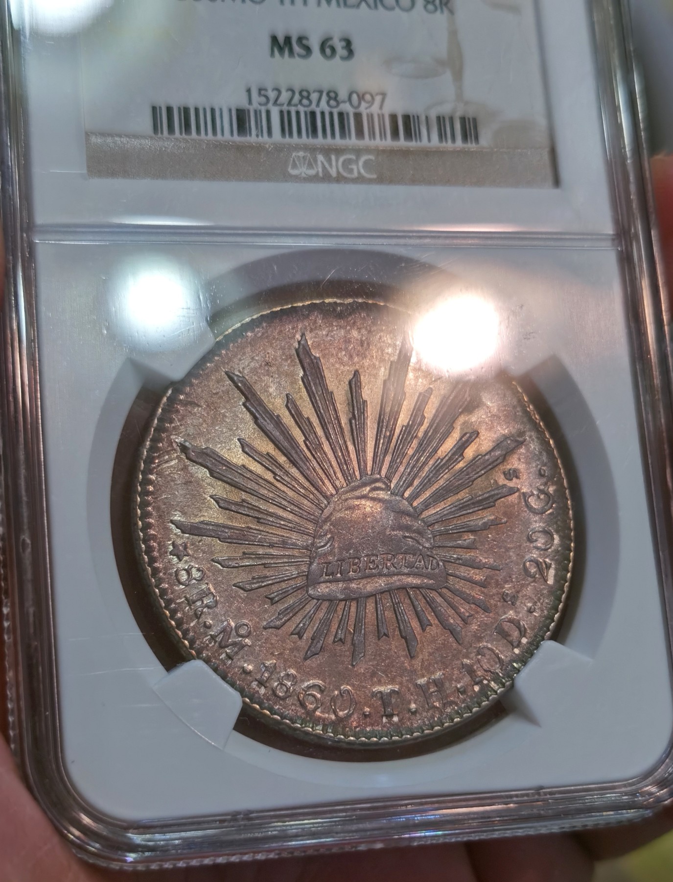 博洋堂世界钱币拍卖第056期（全场包邮） NGC MS63 墨西哥1860年MO TH版花边鹰洋，少见中期年份，传世倒影包浆，仙人掌有复打