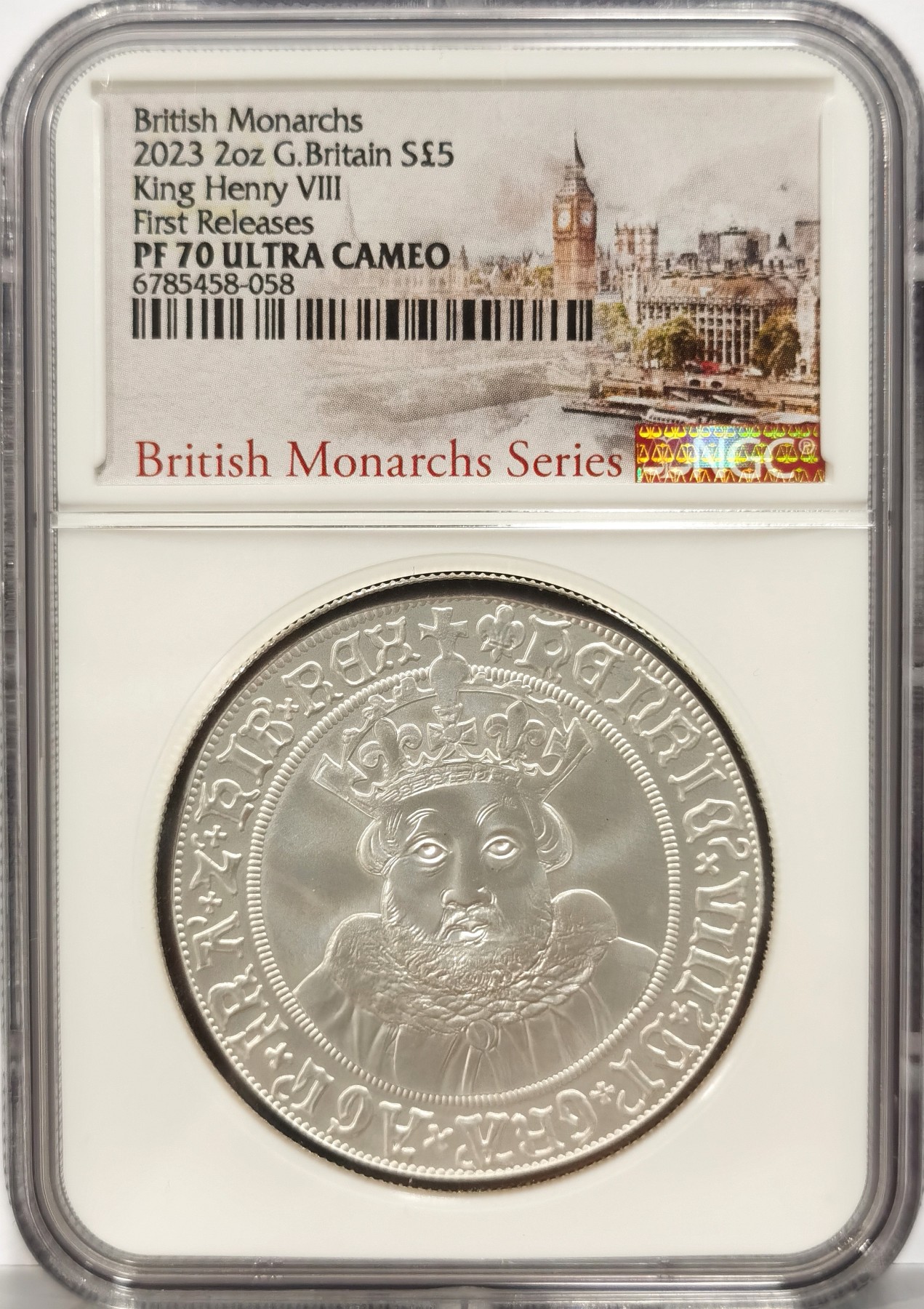 博洋堂世界钱币拍卖第056期（全场包邮） NGC PF70UC 英国2023年伟大君王系列亨利八世2盎司大银币，面值5镑，加厚盒&特殊标签，背面查尔斯三世新头像