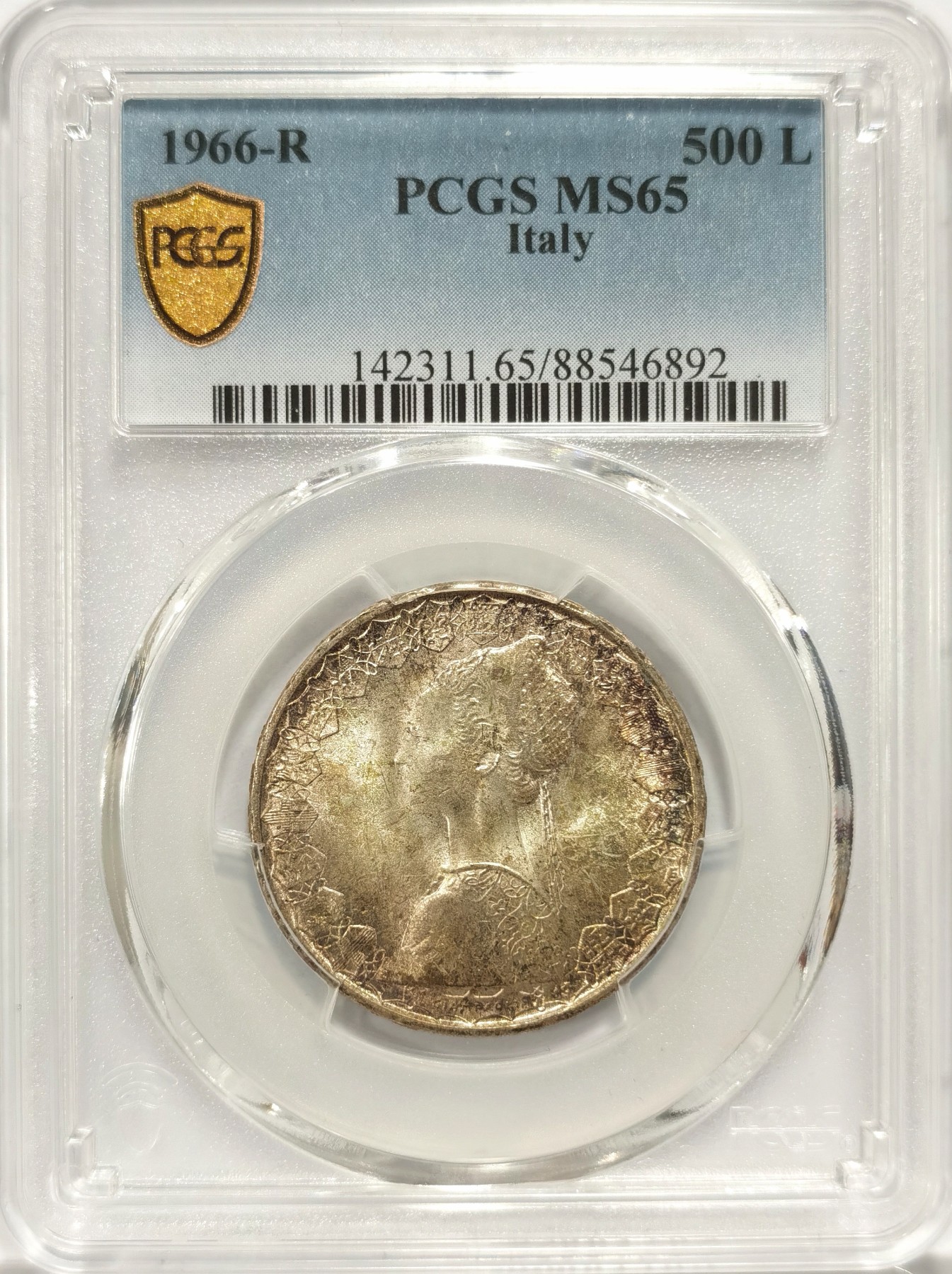 博洋堂世界钱币拍卖第056期（全场包邮） PCGS MS65 意大利1966年卷拆女神帆船银币，包浆漂亮，65白币常见，这样好状态的较少