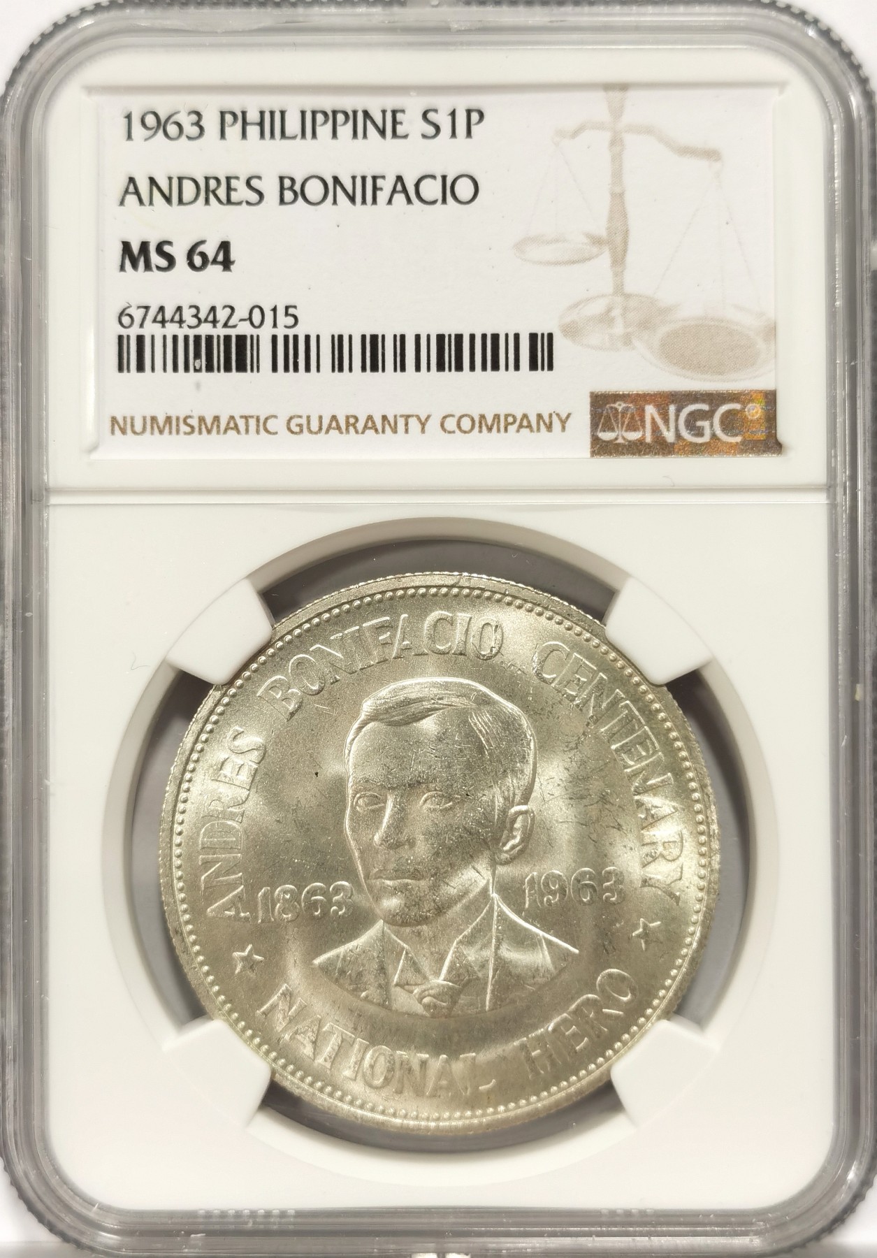 博洋堂世界钱币拍卖第056期（全场包邮） NGC MS64 菲律宾1963年独立领导人波尼斯奥纪念大银币，安达斯·波尼斯奥，菲律宾独立运动主要领导人之一、临时政府首任主席。1896年，主张自决独立的黎刹遭西班牙殖民政权无由处决后，安达斯·波尼斯奥随即率领反抗部队与西班牙政府展开周旋。