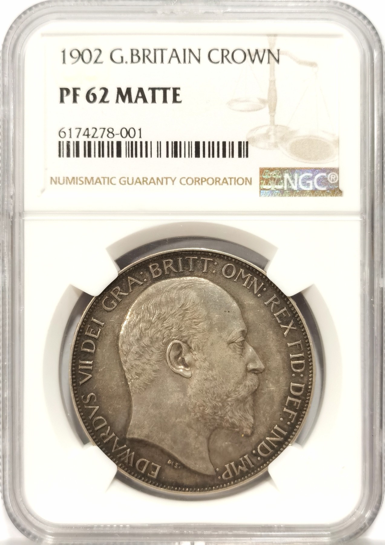 博洋堂世界钱币拍卖第056期（全场包邮） NGC PF62 MATTE 英国1902年爱德华七世1克朗大马剑精制磨砂银币，包浆均匀，仅有15000枚