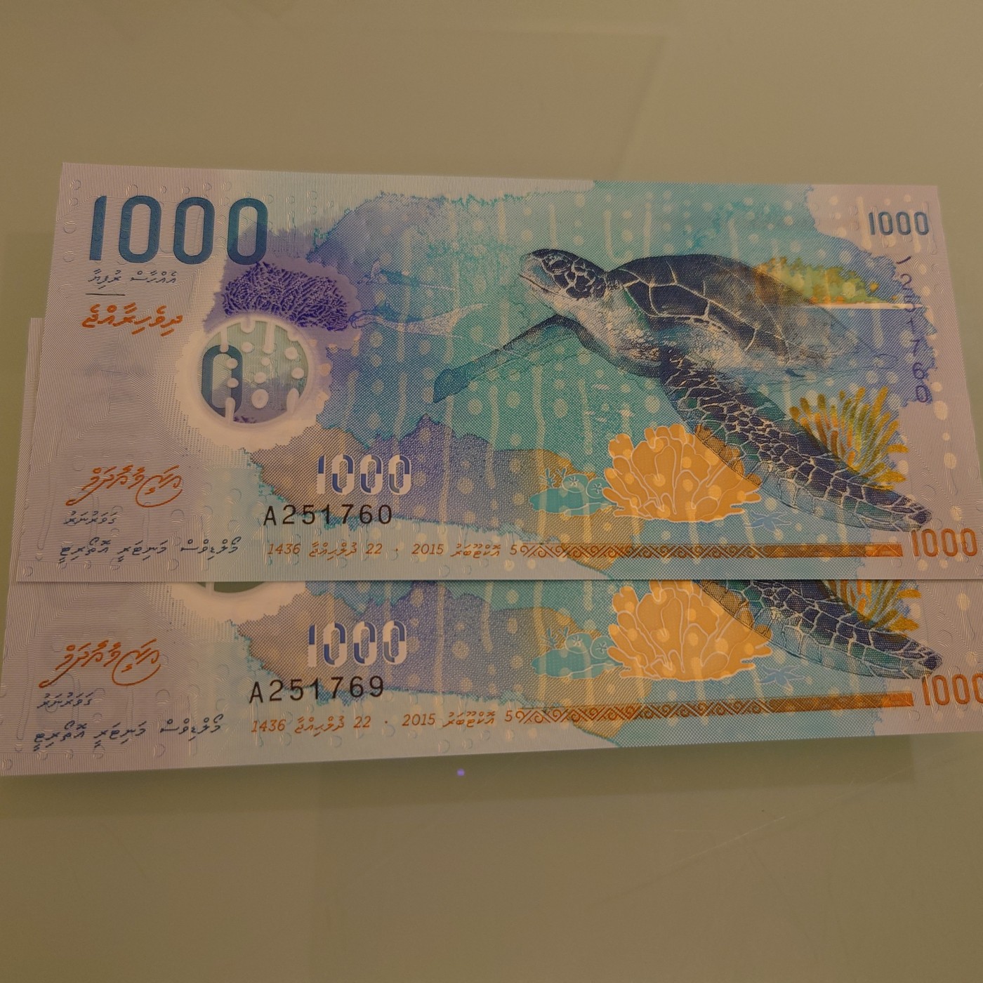 【世界钱币】精选微拍第89期暨2023年第三十六期 最新币展品种(群里卖剩挑剩的)专场 2015年马尔代夫1000拉菲亚 A冠全程无4尾号760(单张)