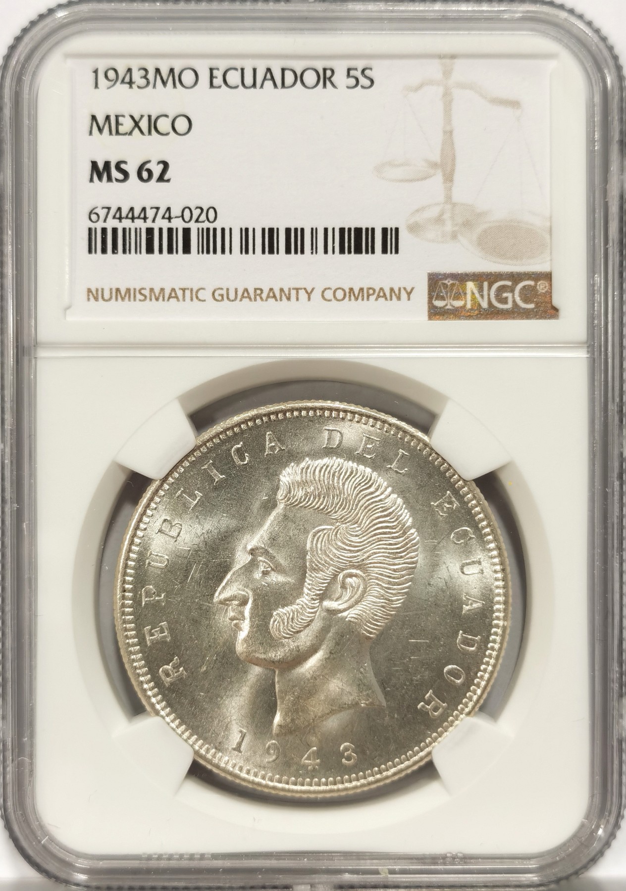 博洋堂世界钱币拍卖第056期（全场包邮） NGC MS62 厄瓜多尔1943年5苏克雷大银币，美洲热门品种