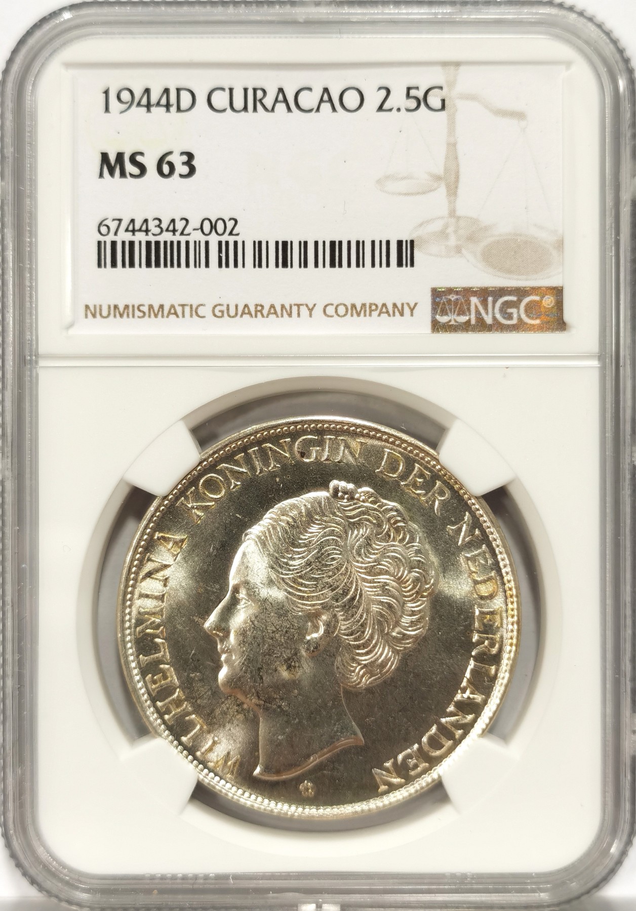 博洋堂世界钱币拍卖第056期（全场包邮） NGC MS63 1944年荷属库拉索女王威廉明娜2.5盾大银币