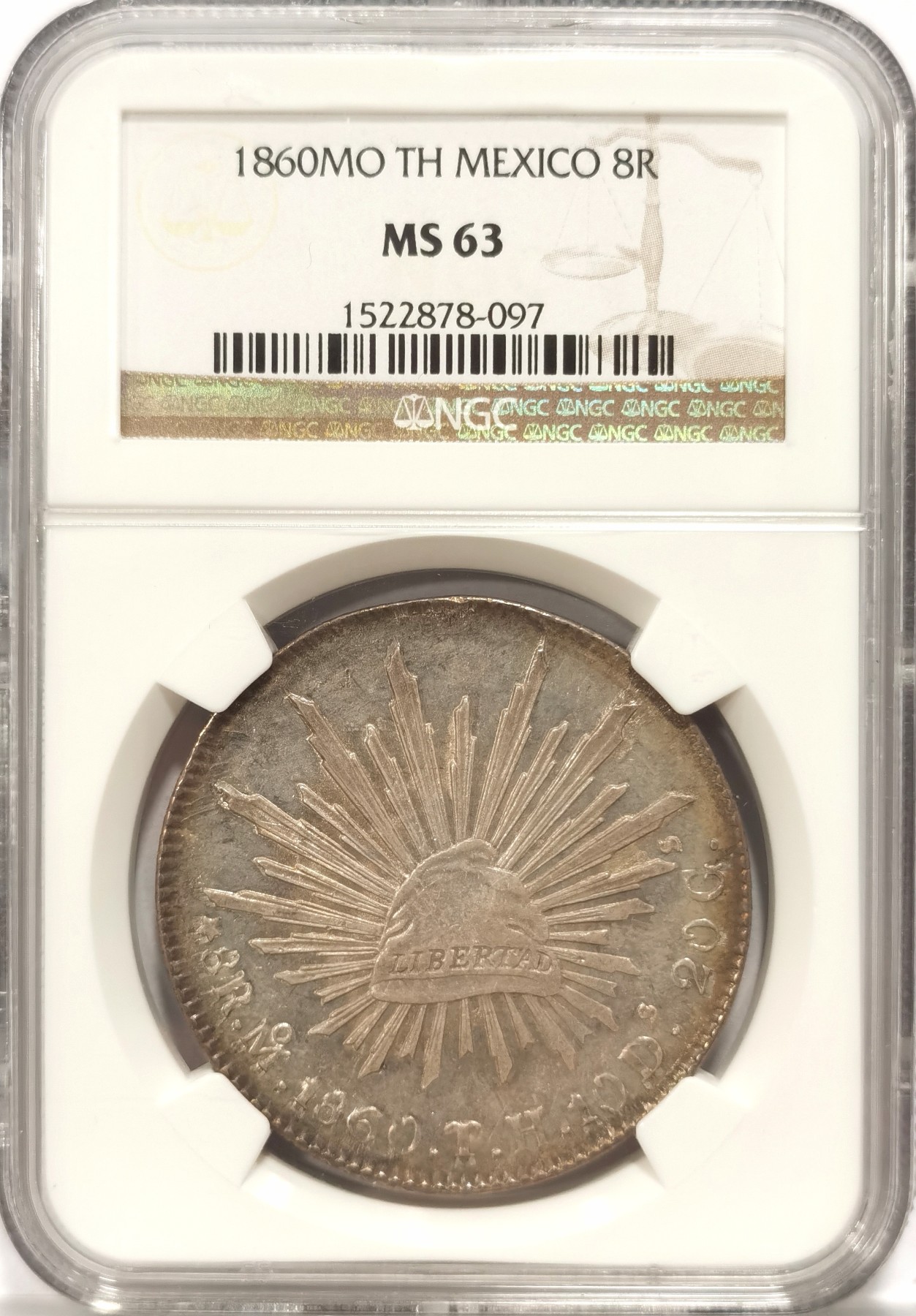 博洋堂世界钱币拍卖第056期（全场包邮） NGC MS63 墨西哥1860年MO TH版花边鹰洋，少见中期年份，传世倒影包浆，仙人掌有复打