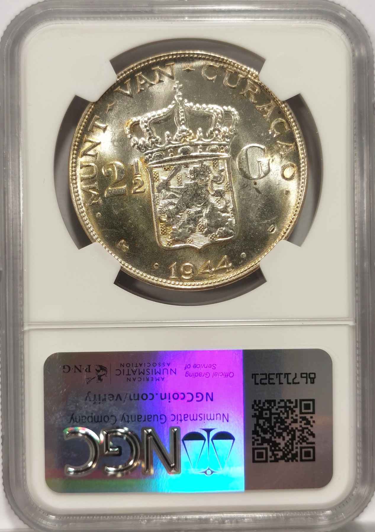 博洋堂世界钱币拍卖第056期（全场包邮） NGC MS63 1944年荷属库拉索女王威廉明娜2.5盾大银币