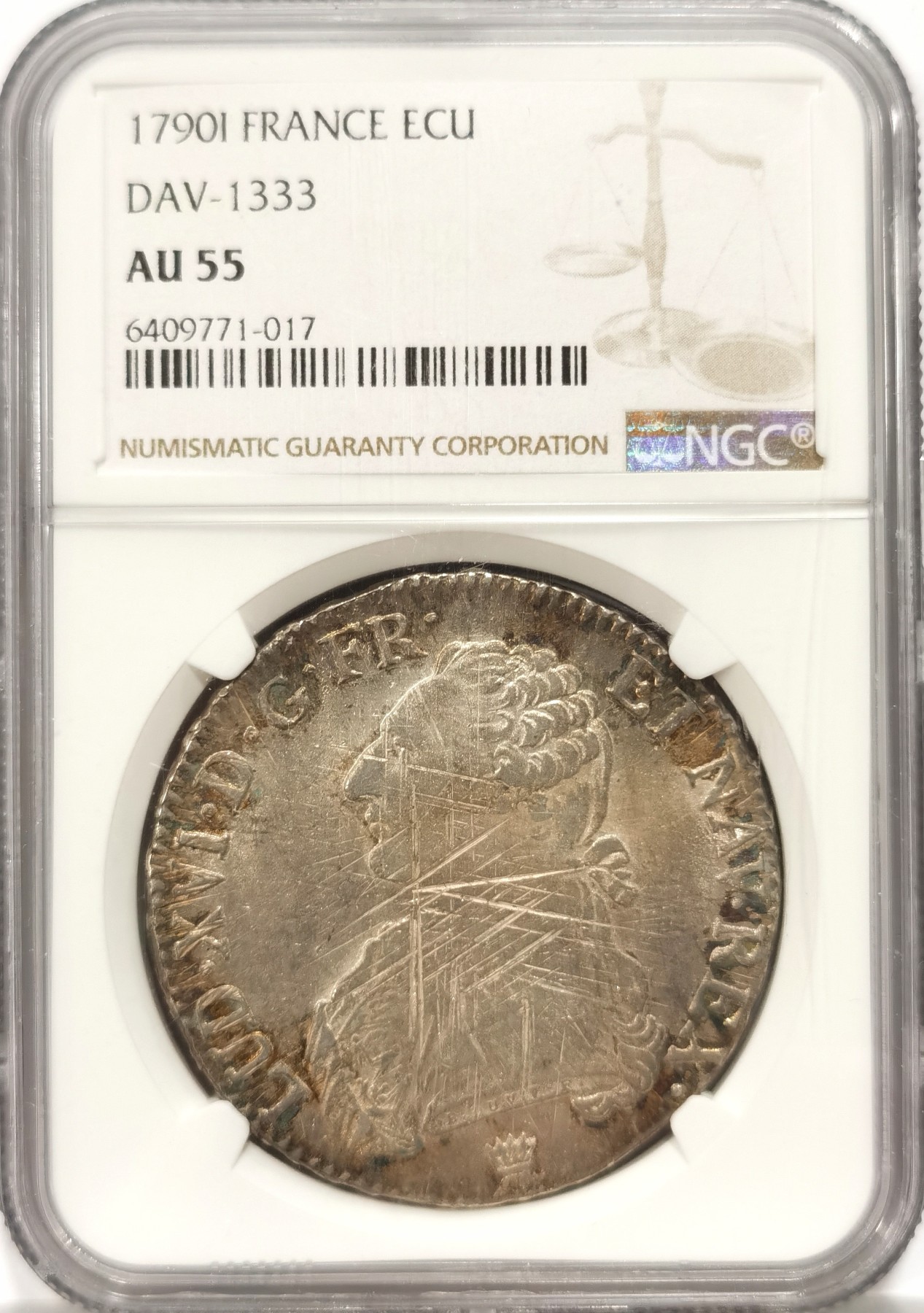 博洋堂世界钱币拍卖第056期（全场包邮） NGC AU55 法国1790年路易十六1埃居大银币，币面为减重痕，更高分仅有5枚。路易十六在法国大革命期间被砍头