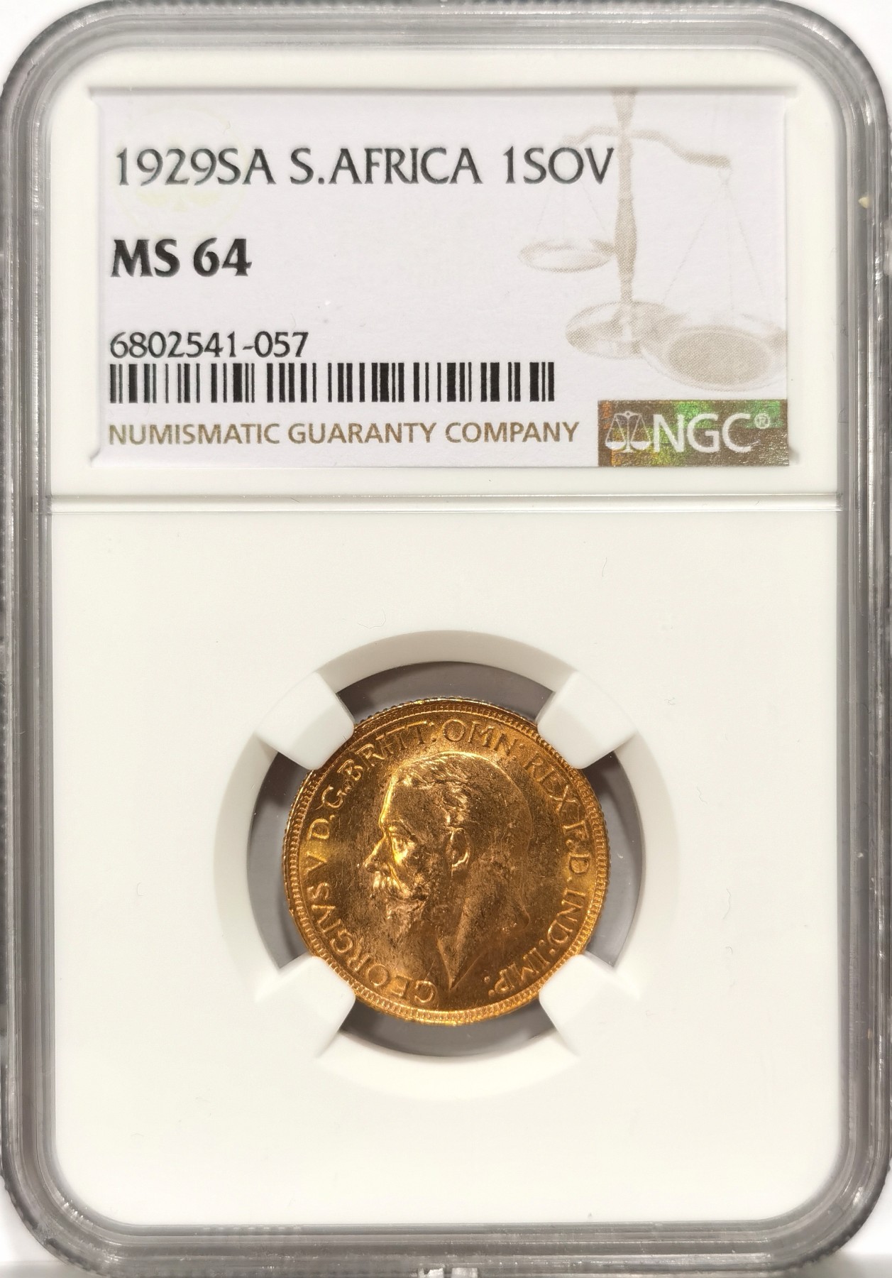 博洋堂世界钱币拍卖第056期（全场包邮） NGC MS64 英属南非1929年乔治五世1索维林金币，高分收藏级