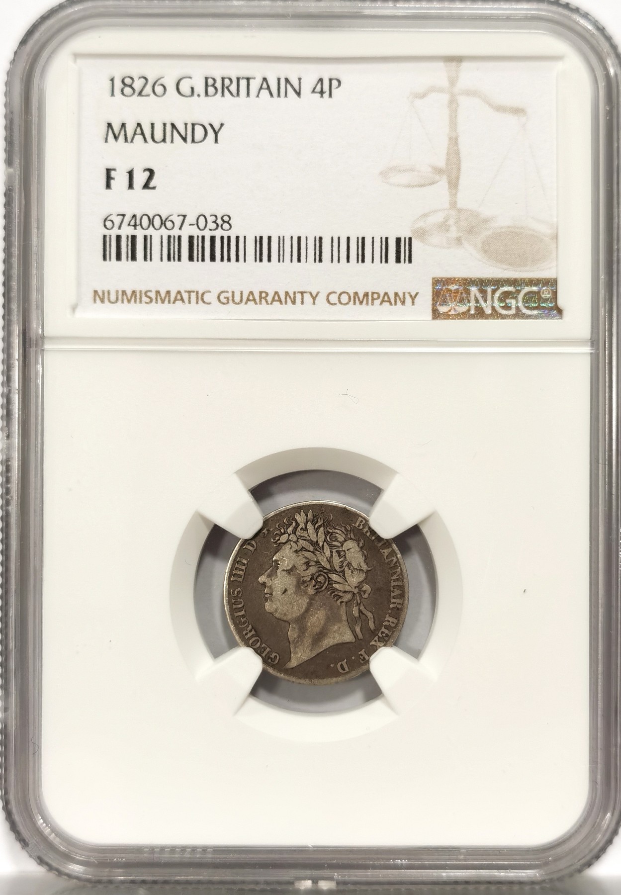 博洋堂世界钱币拍卖第056期（全场包邮） NGC F12 英国1826年乔治四世4便士濯足币