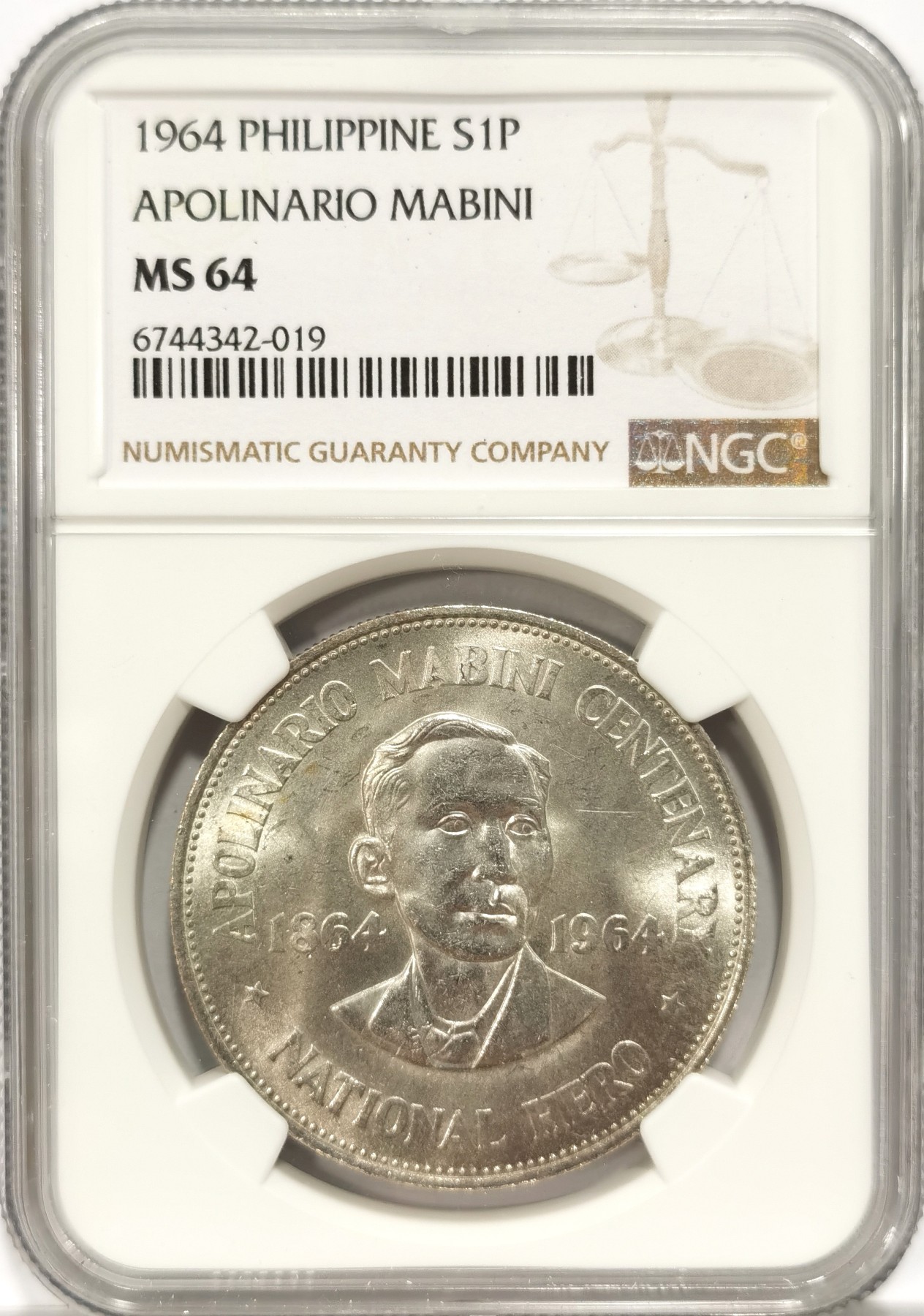 博洋堂世界钱币拍卖第056期（全场包邮） NGC MS64 菲律宾1963年独立领导人马比尼纪念大银币，菲律宾革命理论家马比尼1864年出生在一个农民家庭。1894年毕业于圣托马斯大学法律系。毕业后作为一名律师并加入了民族主义运动中。