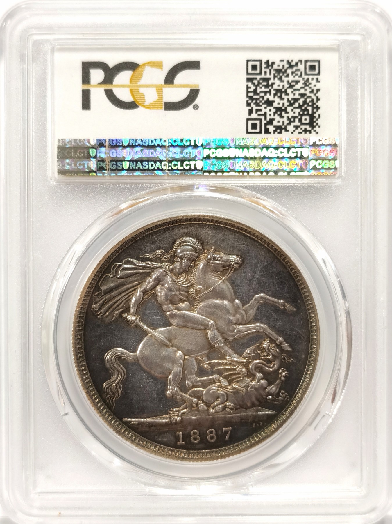 博洋堂世界钱币拍卖第056期（全场包邮） PCGS PR62CAM 英国1887年维多利亚1克朗马剑精制银币，名誉品，蓝汪汪的底板，CAM镜面效果，发行量1084枚，2012HA拍卖64分14.8万元