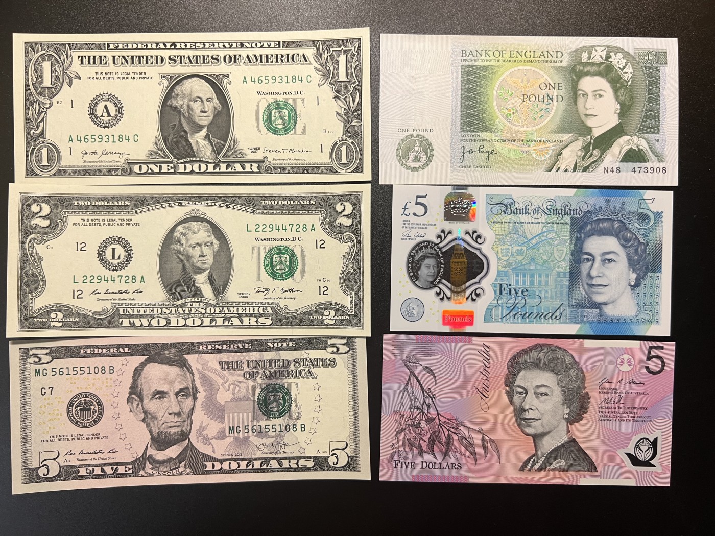 🌗乐淘淘世界纸币拍卖 第34期🌓 美国纸币1/2/5美元 英国D序列5镑 塑料钞5镑 澳大利亚5元 全新UNC