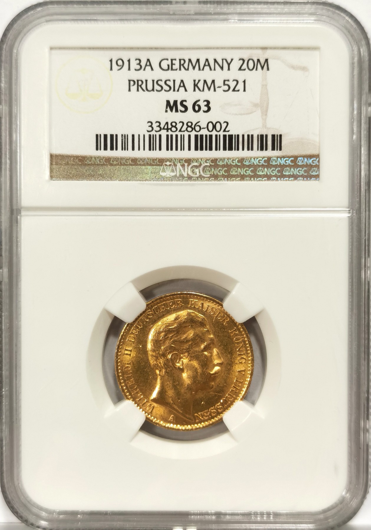 博洋堂世界钱币拍卖第056期（全场包邮） NGC MS63 德国普鲁士1913年A威廉二世20马克金币