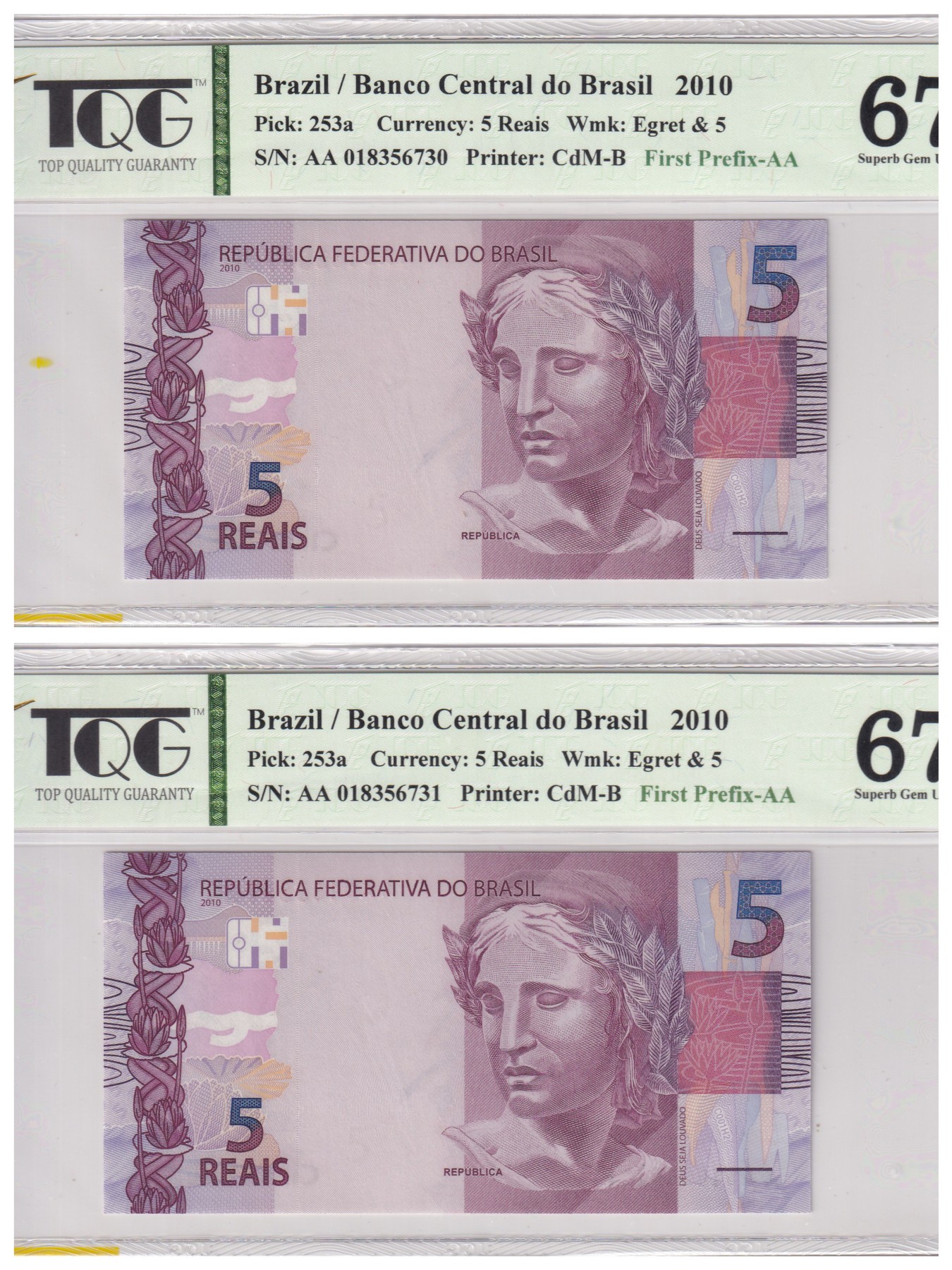 🌗乐淘淘世界纸币拍卖 第34期🌓 【AA 018356730-1】巴西2010年纸币两张 5雷亚尔 AA首发冠 TQG67EPQ