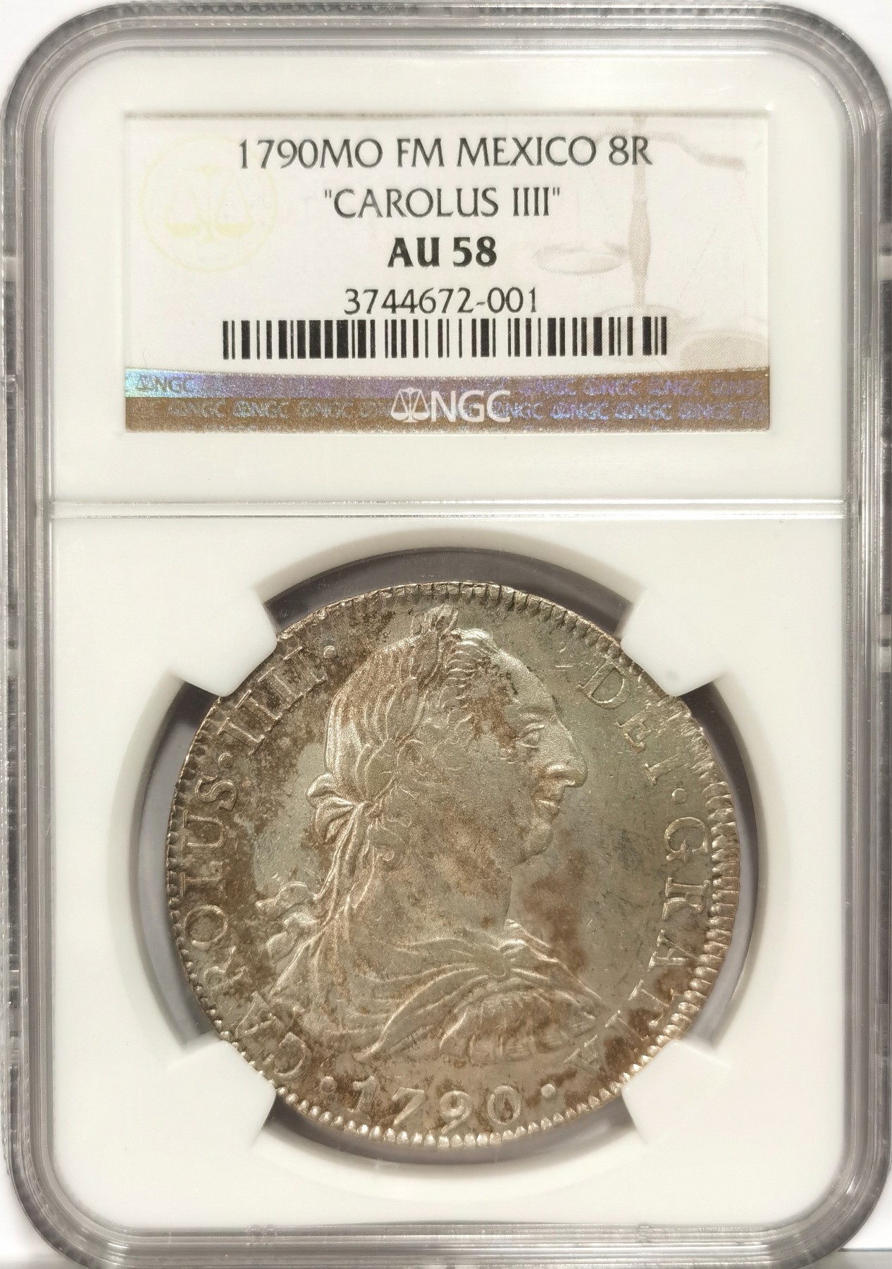 博洋堂世界钱币拍卖第056期（全场包邮） NGC AU58 西属墨西哥1790年卡洛斯三世双柱银币，过渡年份IIII版，比1789年少，收藏级分数