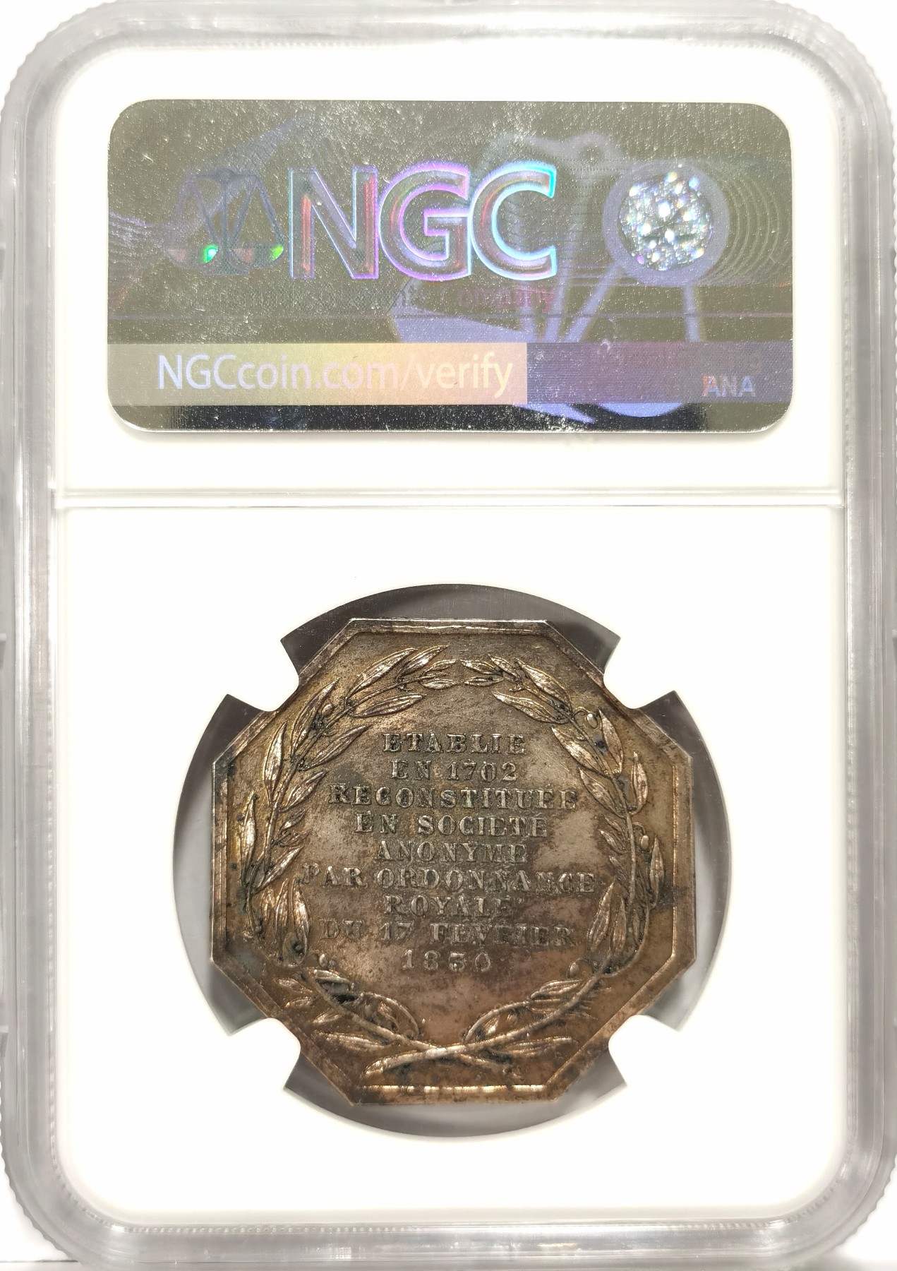 博洋堂世界钱币拍卖第056期（全场包邮） NGC MS62 法国1830年皇家玻璃制造部铸造，镜中的维纳斯，八角银章，原色转光，非常漂亮的银章，八角小名誉品，值得收藏