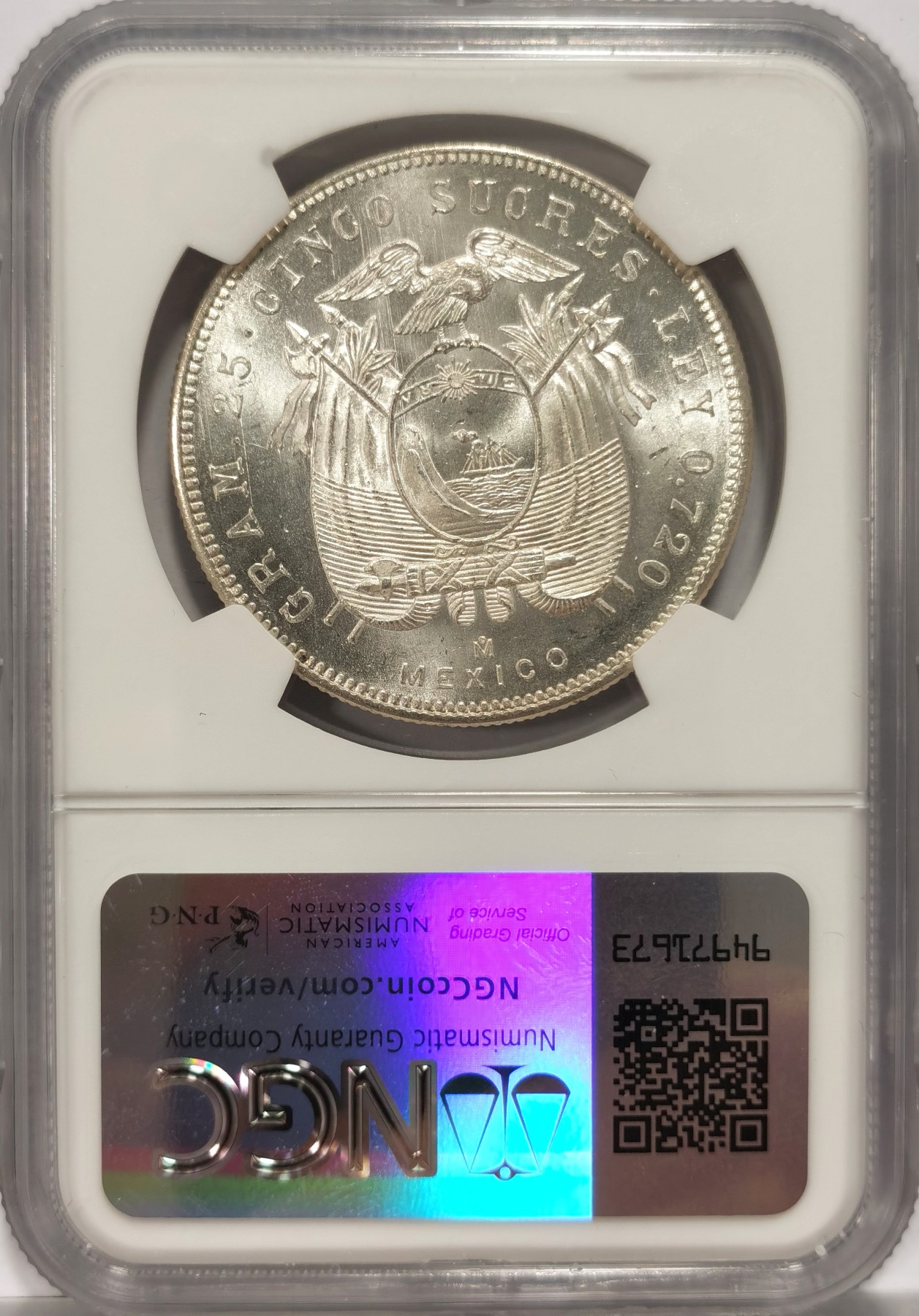 博洋堂世界钱币拍卖第056期（全场包邮） NGC MS62 厄瓜多尔1943年5苏克雷大银币，美洲热门品种
