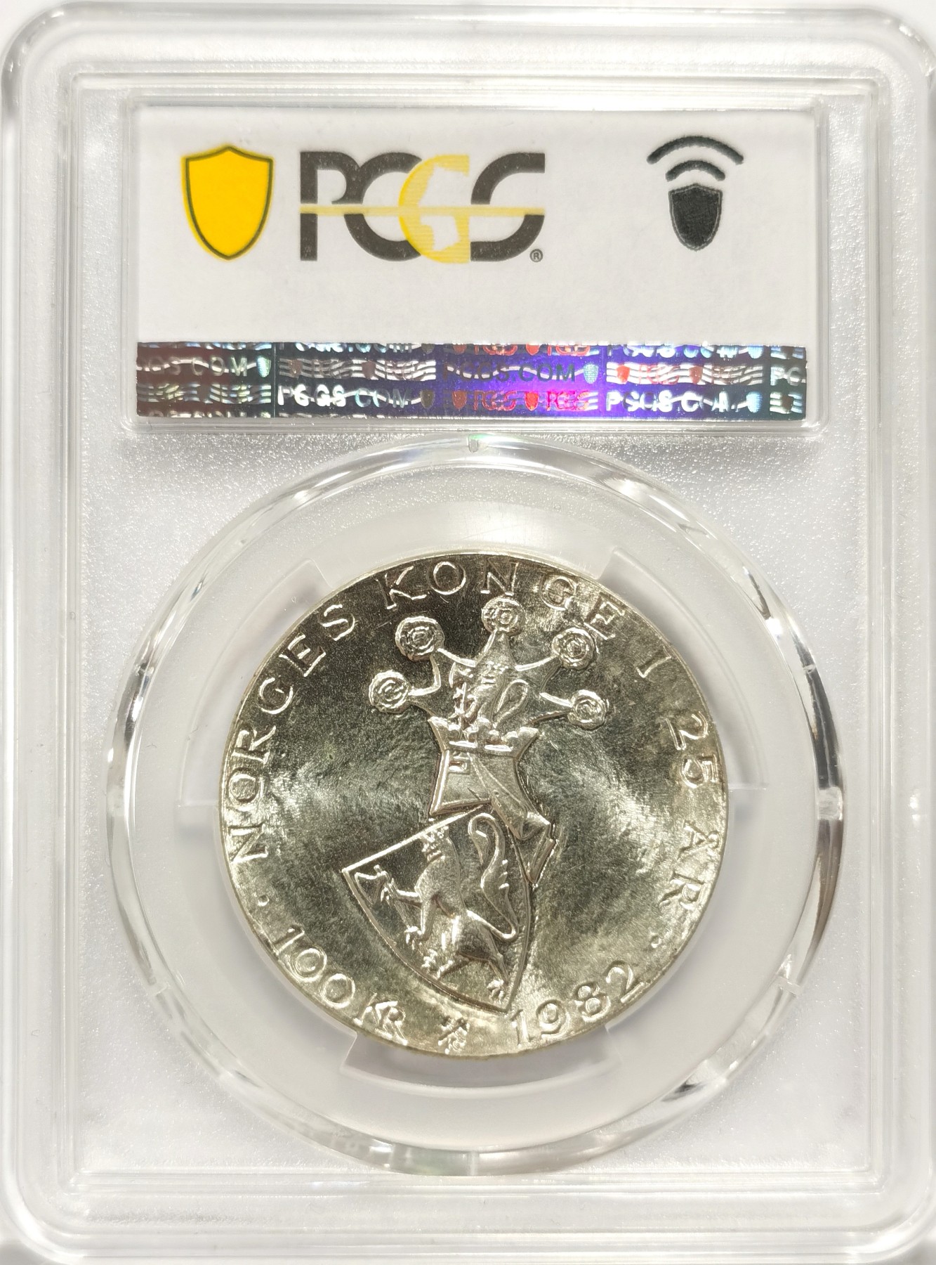 博洋堂世界钱币拍卖第056期（全场包邮） PCGS MS66 挪威1982年国王奥拉夫登基25周年100克朗纪念大银币，高浮雕