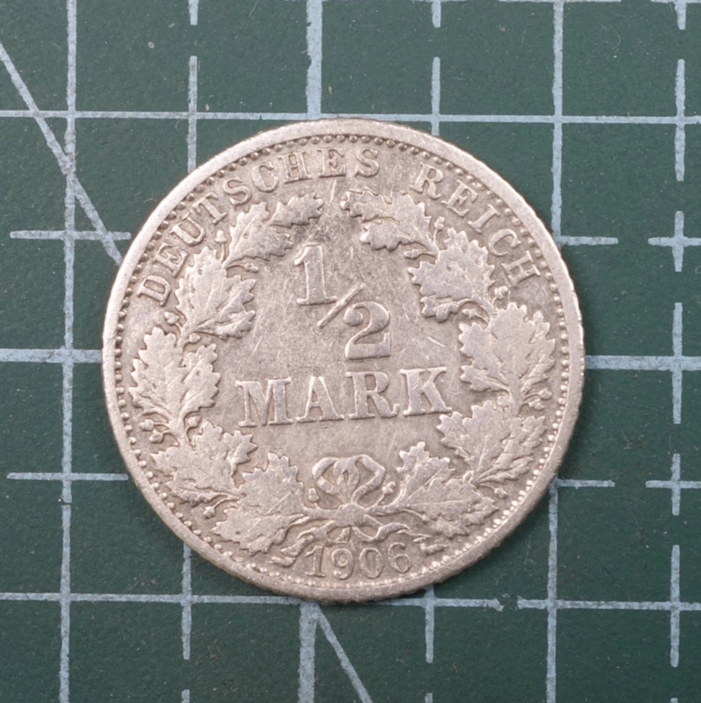 天业钱币散币、银币拍卖第22次专场 全场0元起拍0佣金，欢迎围观参拍 德国1906年1/2马克银币（重量：2.777克；含银：0.9）