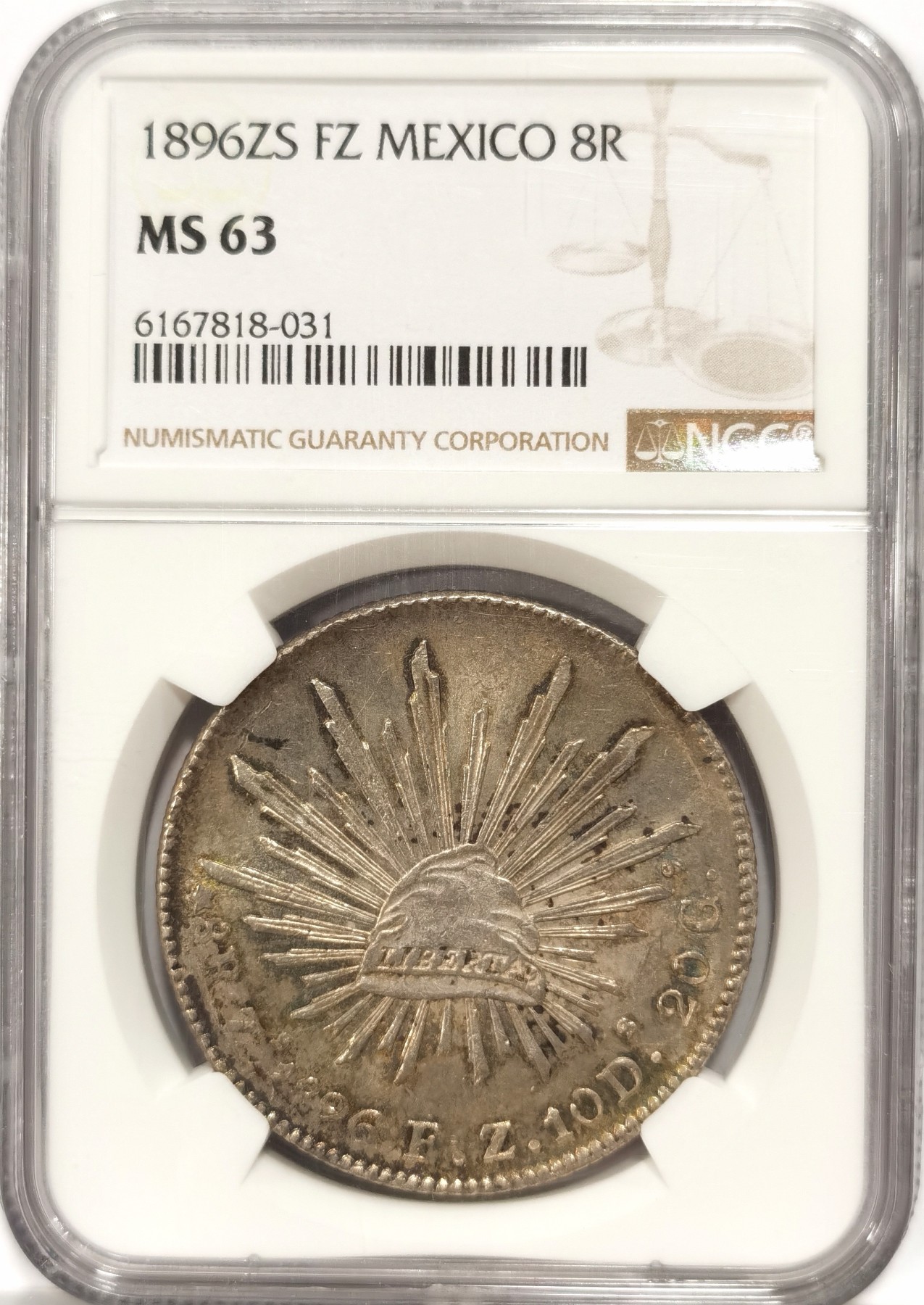 博洋堂世界钱币拍卖第056期（全场包邮） NGC MS63 墨西哥1896年ZS FZ花边鹰洋银币，底板反光