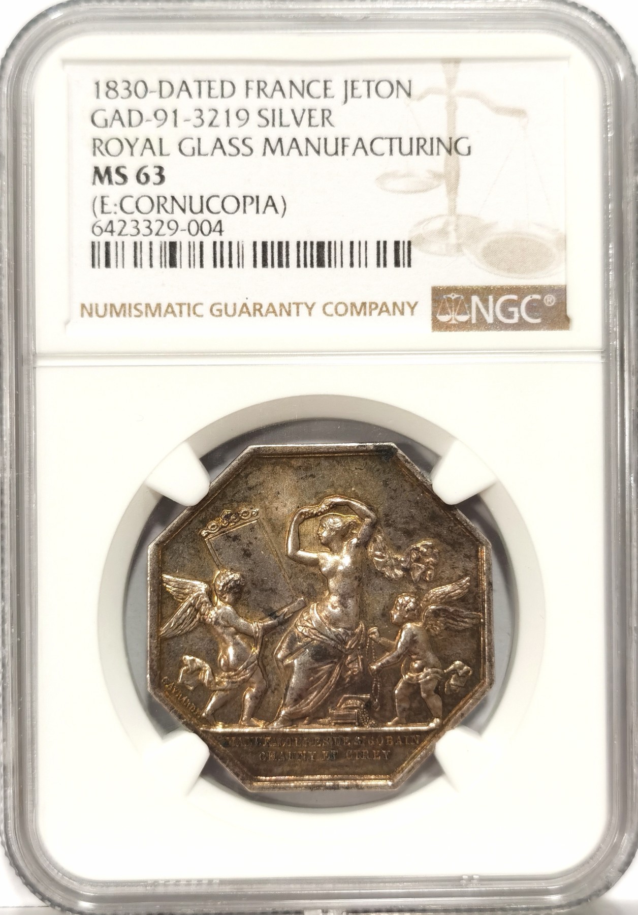 博洋堂世界钱币拍卖第056期（全场包邮） NGC MS62 法国1830年皇家玻璃制造部铸造，镜中的维纳斯，八角银章，原色转光，非常漂亮的银章，八角小名誉品，值得收藏