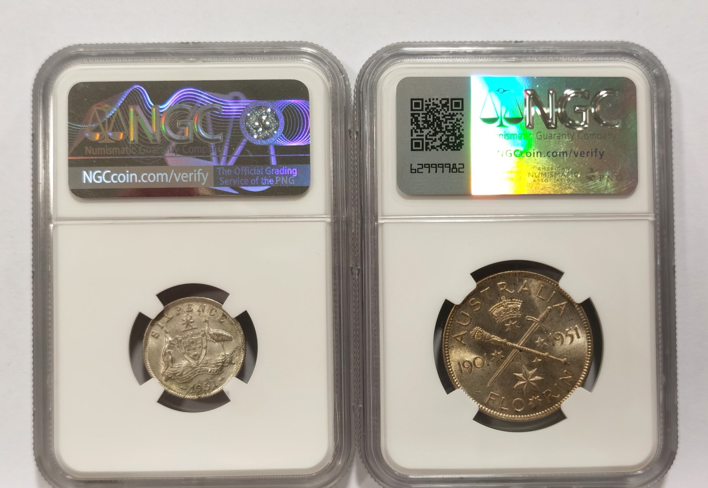 博洋堂世界钱币拍卖第056期（全场包邮） NGC MS62/AU58 英属澳大利亚1951年乔治六世6便士、1福林银币2枚一对