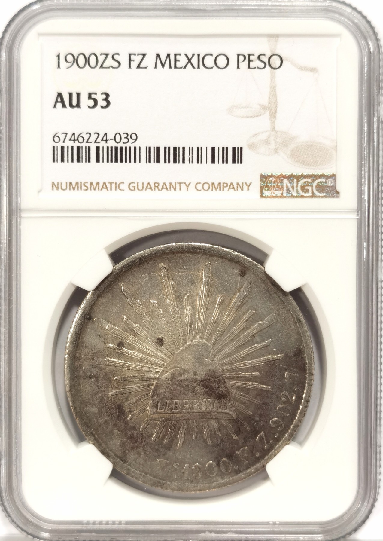 博洋堂世界钱币拍卖第056期（全场包邮） NGC AU53 墨西哥1900年ZS FZ版直边鹰洋，原汁原味