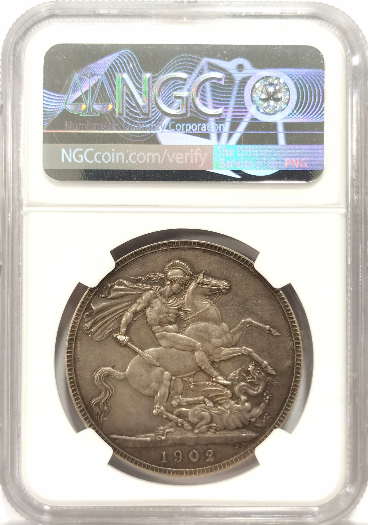 博洋堂世界钱币拍卖第056期（全场包邮） NGC PF62 MATTE 英国1902年爱德华七世1克朗大马剑精制磨砂银币，包浆均匀，仅有15000枚
