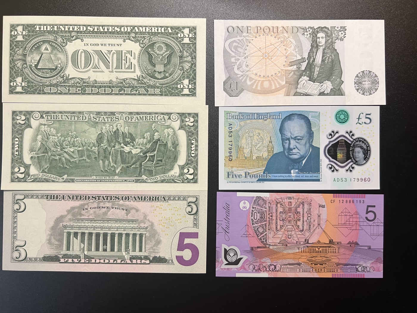 🌗乐淘淘世界纸币拍卖 第34期🌓 美国纸币1/2/5美元 英国D序列5镑 塑料钞5镑 澳大利亚5元 全新UNC
