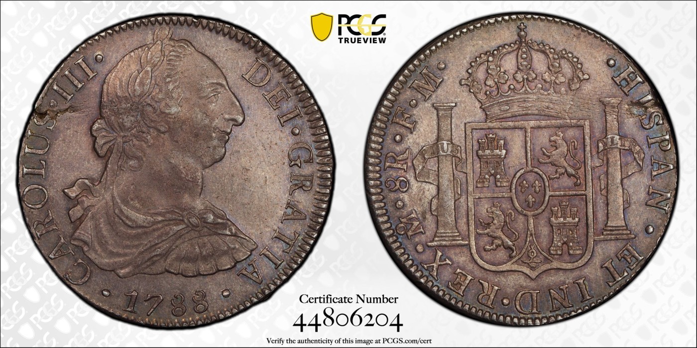 博洋堂世界钱币拍卖第056期（全场包邮） PCGS MS62 墨西哥1788年卡三8里亚尔大银币，黑亮包浆，双面深打，细节到位，亚军分，外拍62分墨西哥卡三已经起飞，同品相5000美金+