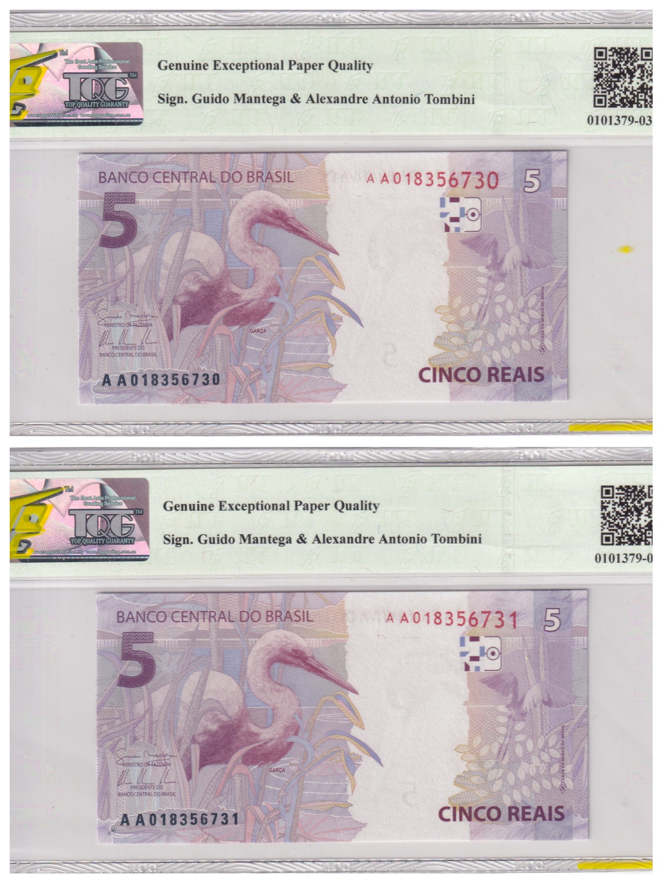 🌗乐淘淘世界纸币拍卖 第34期🌓 【AA 018356730-1】巴西2010年纸币两张 5雷亚尔 AA首发冠 TQG67EPQ
