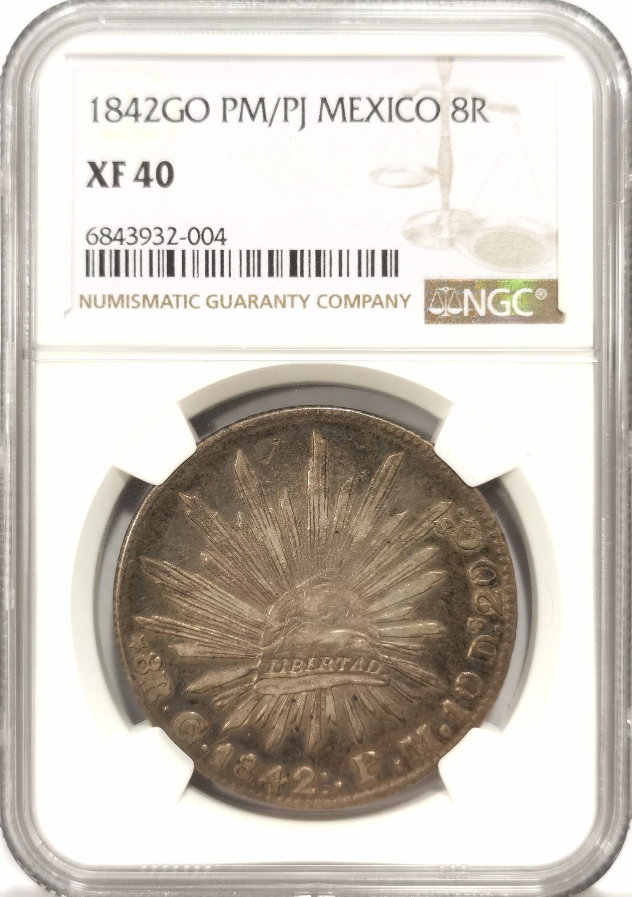 博洋堂世界钱币拍卖第056期（全场包邮） NGC XF40 墨西哥1840年GO PM/PJ花边鹰洋，早期年份，极其少见鉴定师骑字版，NGC评级有分一共仅4枚