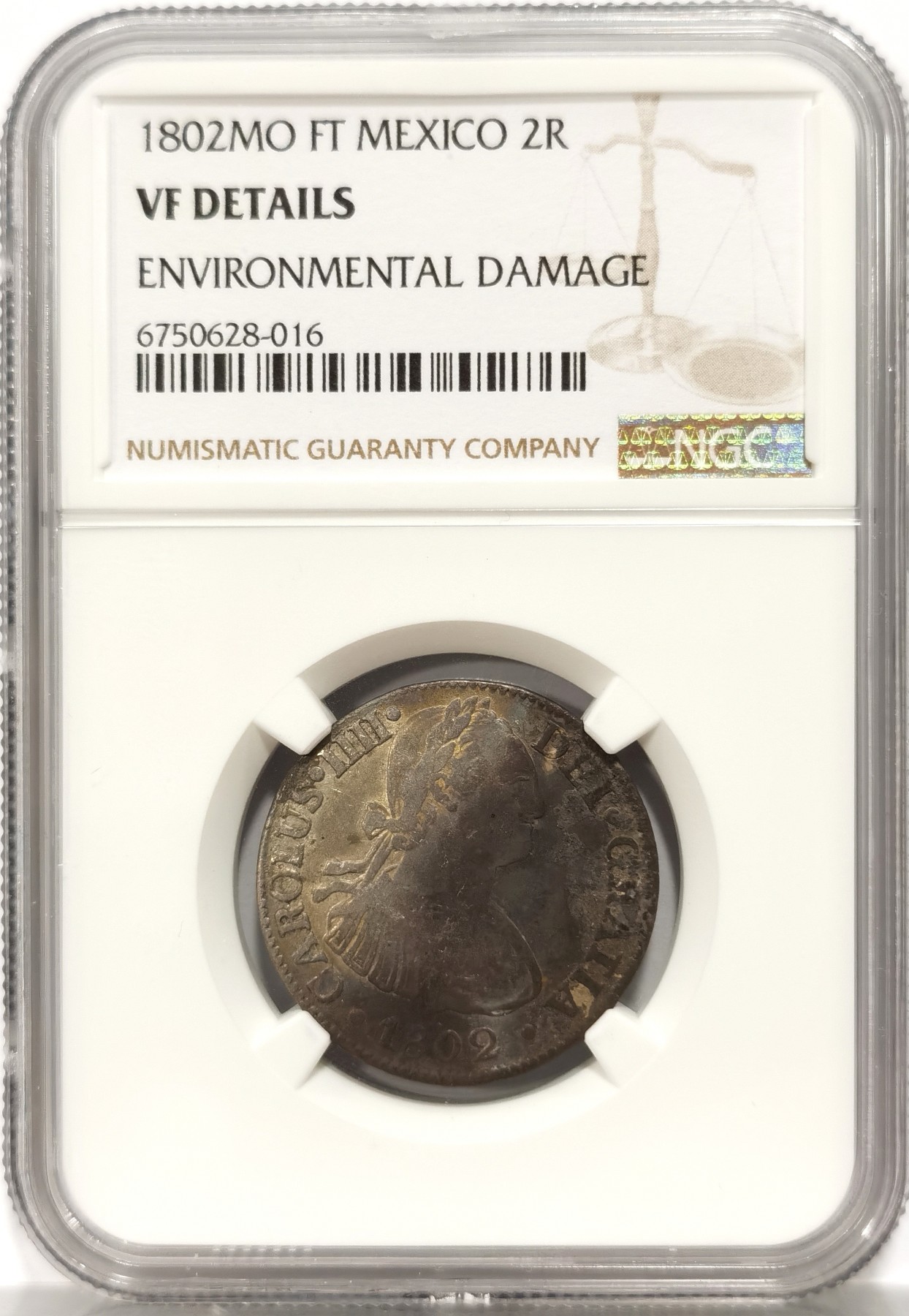 博洋堂世界钱币拍卖第056期（全场包邮） NGC VF 西属墨西哥1802年MO FT卡洛斯四世双柱银币2R，少见2里亚尔辅币