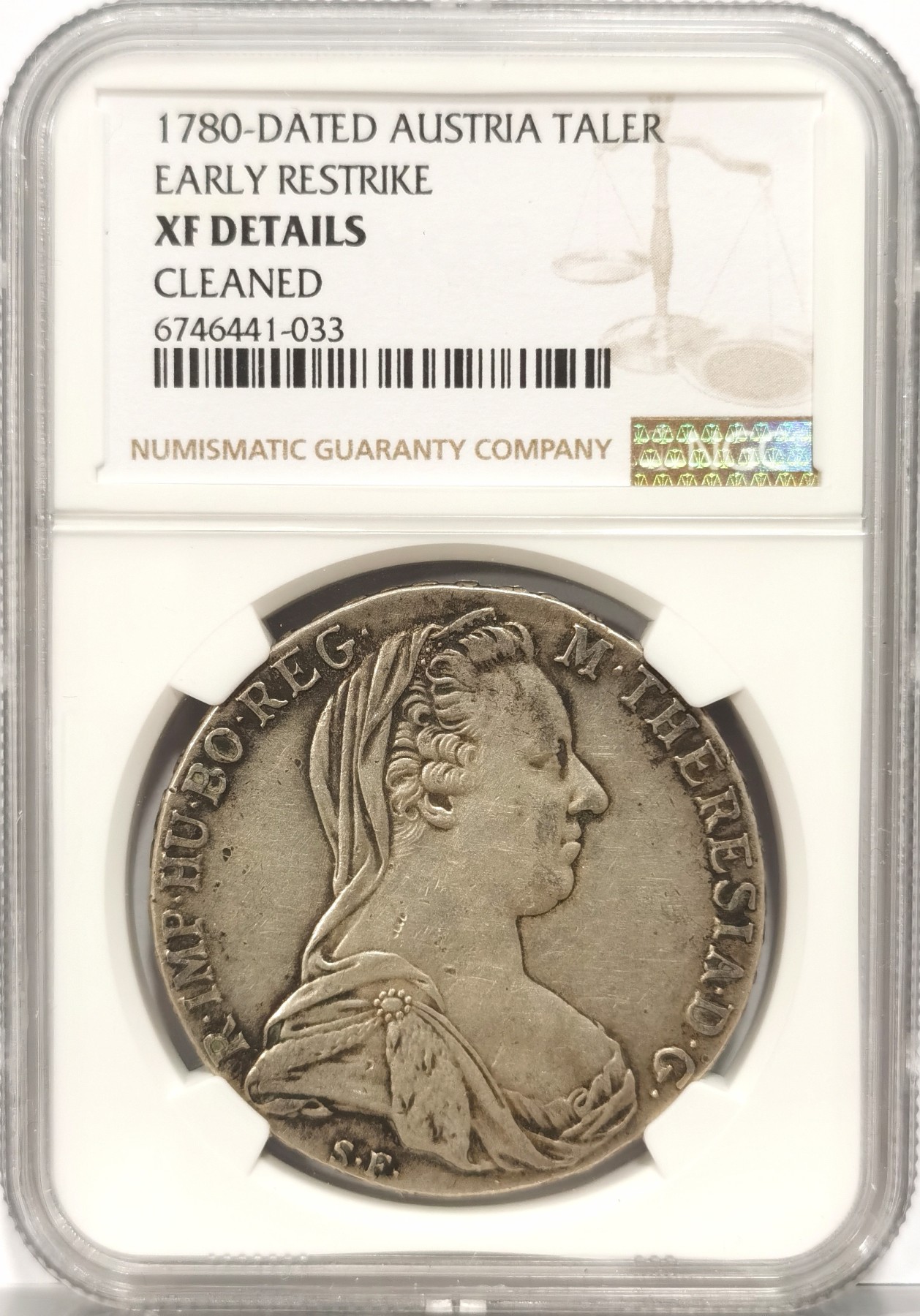 博洋堂世界钱币拍卖第056期（全场包邮） NGC XF 奥地利1780年特蕾莎大奶妈1泰勒银币，早期后铸，原汁原味