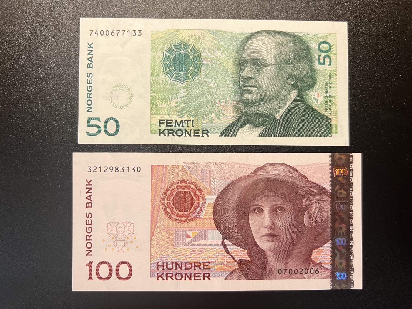 🌗乐淘淘世界纸币拍卖 第34期🌓 挪威1996年50克朗 轻微荧光 UNC/挪威2006年100克朗 全新UNC