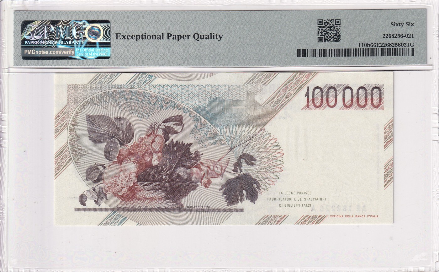 🌗乐淘淘世界纸币拍卖 第34期🌓 【AE182228A】意大利1983年纸币 100000里拉 卡拉瓦乔 无47数三 PMG66EPQ 亚军分
