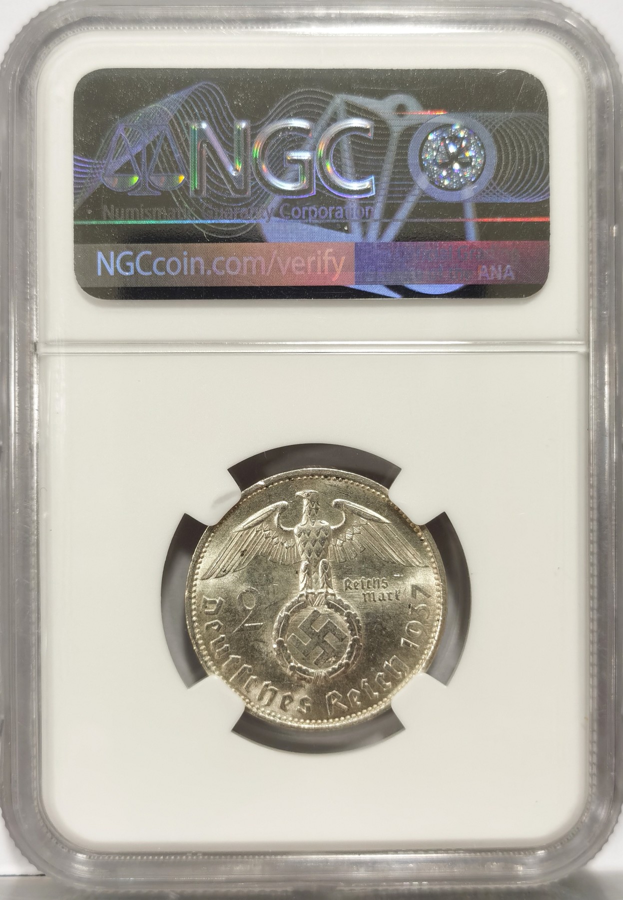 博洋堂世界钱币拍卖第056期（全场包邮） NGC MS62 德国第三帝国1937年A版兴登堡卍字2马克银币，细节清晰，状态好，带光美品