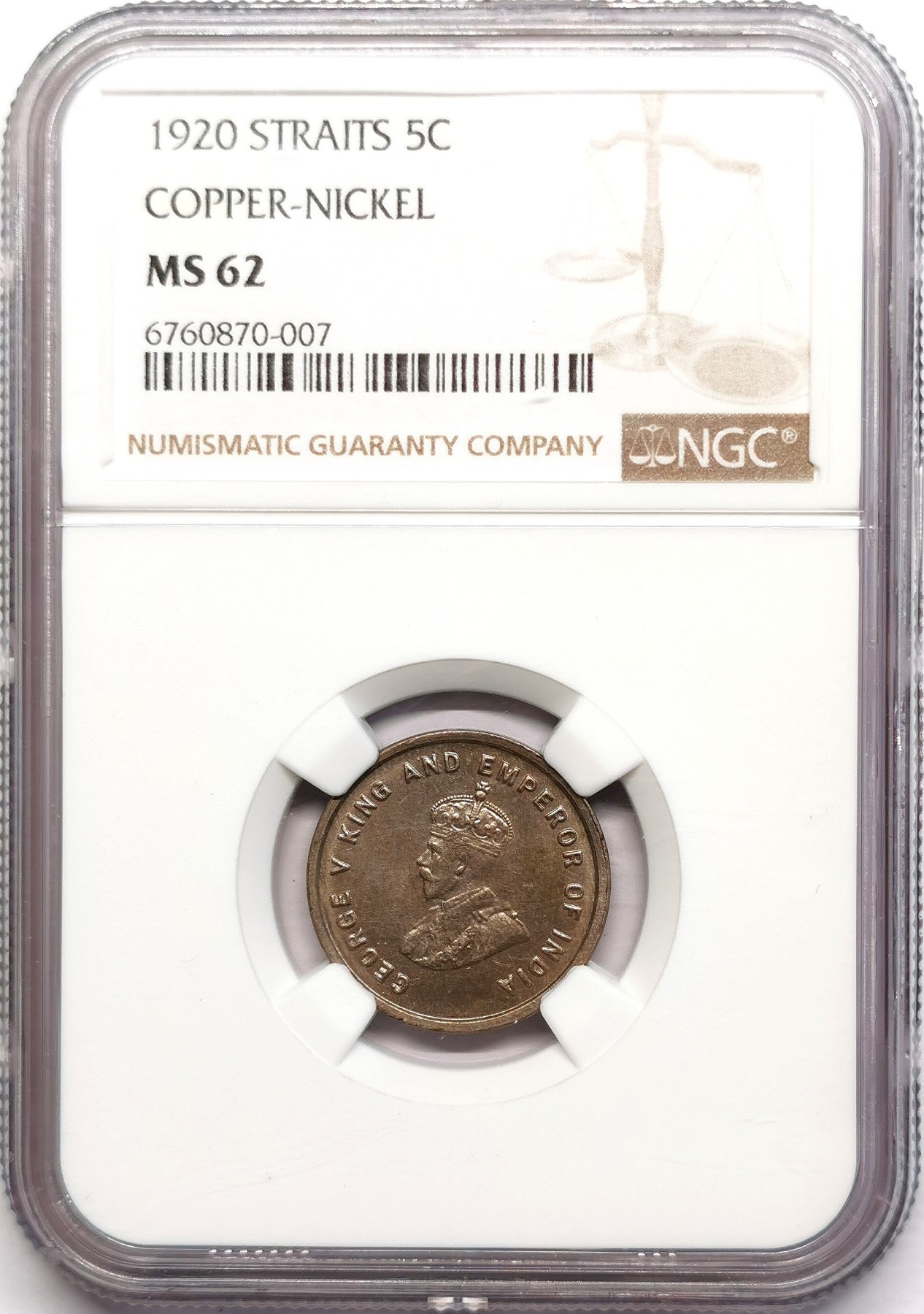 凡希社世界钱币微拍第二百五十七期（感恩专场） 1920海峡殖民地乔五5分镍币NGC-MS62稀见品种！
